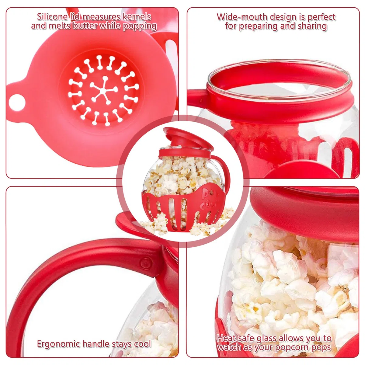 Ciotola per Popcorn per Microonde, Pop corn Microonde Vetro,Macchina Popcorn,Coperchi in 3 in 1 per Snack Salutari, per Raduni, Feste, Picnic, Rosso, Pentola a Microonde Aria Popcorn Spuntino