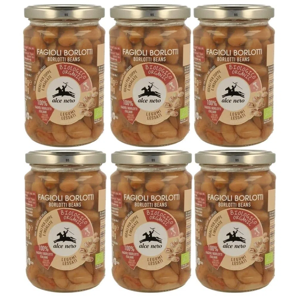 Alce Nero Fagioli Borlotti Biologici, Legumi Lessati in Vetro, Confezione da 6 Barattoli
