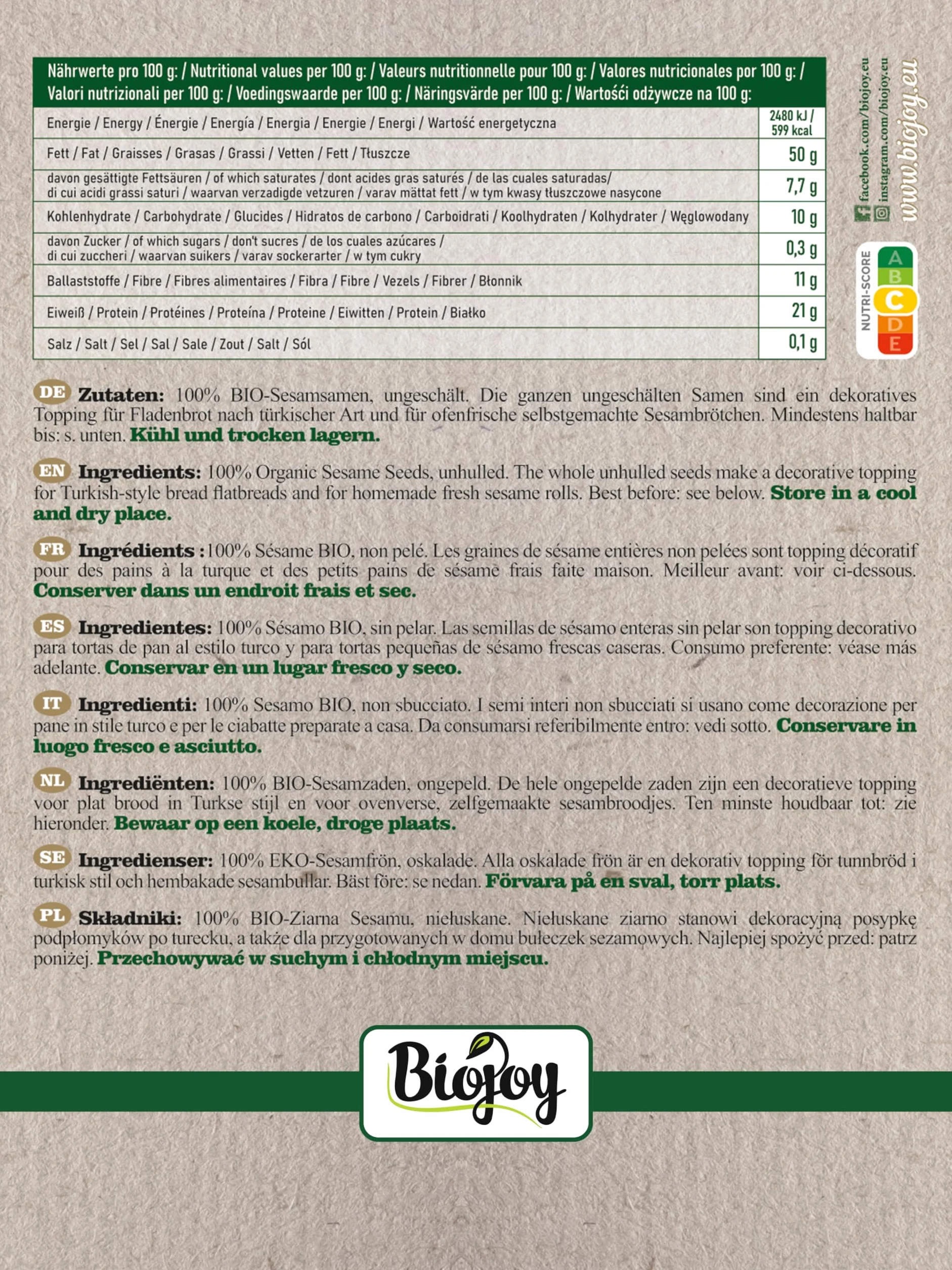 Biojoy Semi Di Sesamo BIO (1,5 kg), Sesamo Bianco non sbucciato