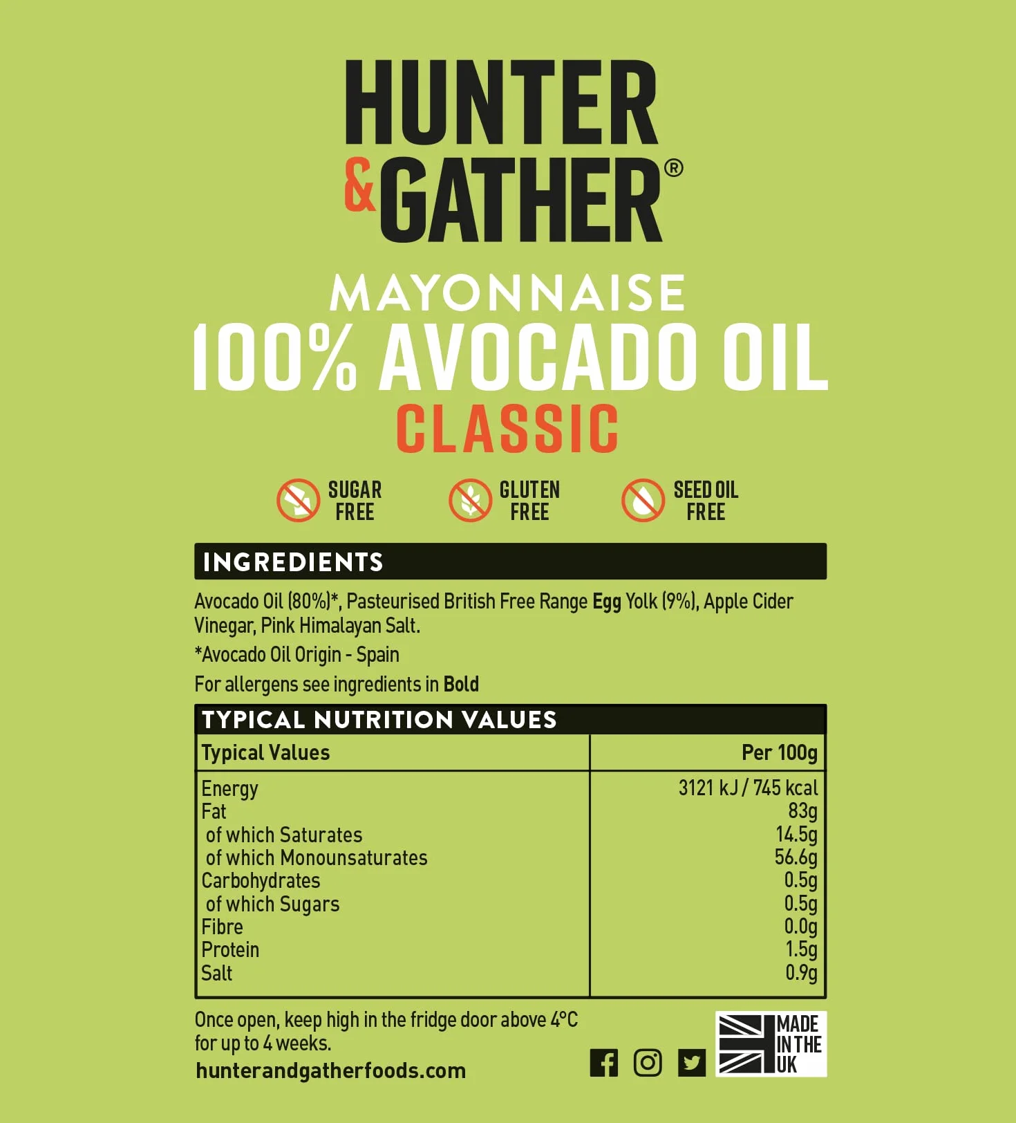 Hunter & Gather Maionese all'Olio di Avocado 250g | Realizzata con Puro Olio di Avocado e Uova da Allevamento all'Aperto | Paleo, Cheto, Senza Zucchero e Senza Glutine