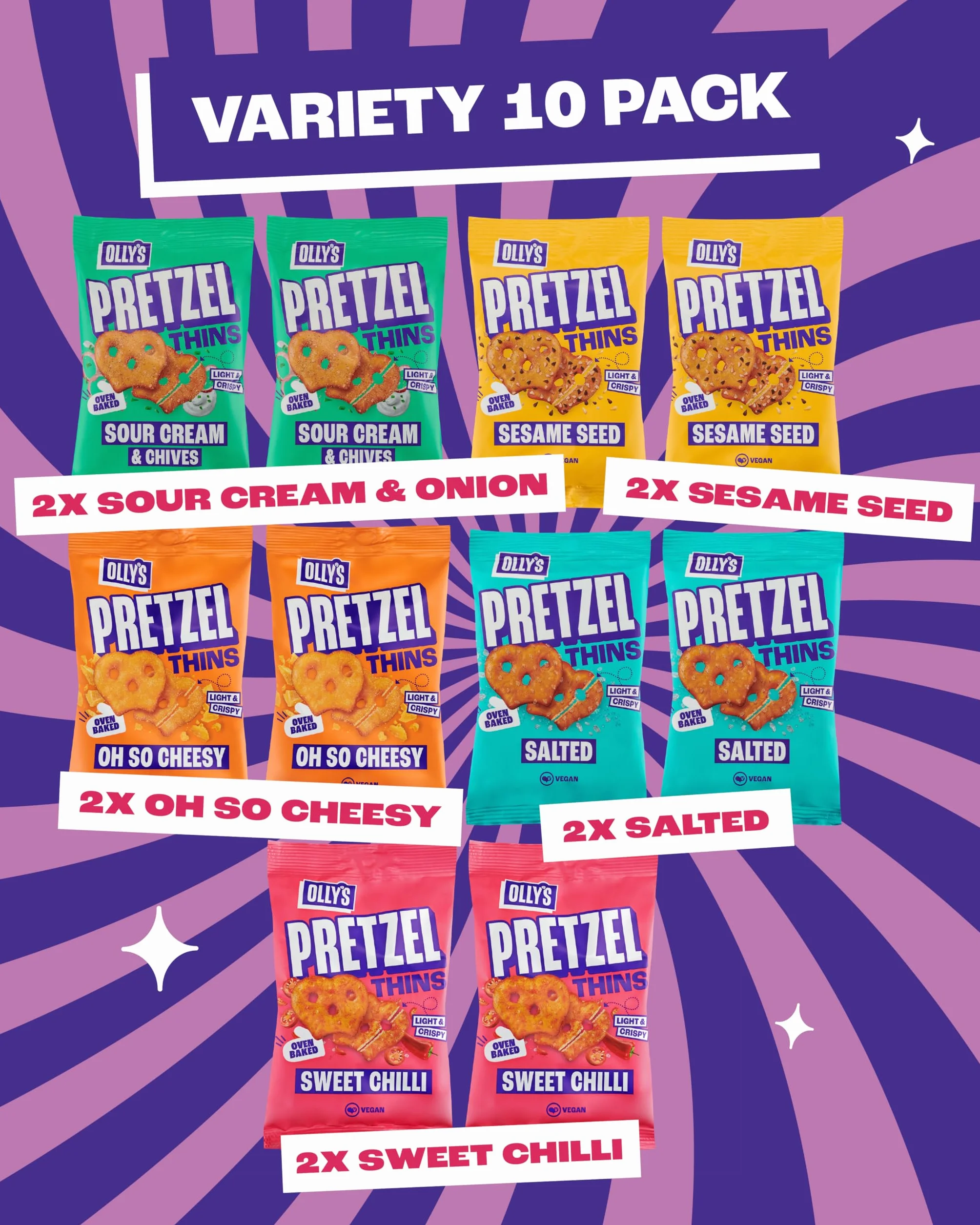 Olly's Pretzel Thins, nuova confezione varietà, 35 g (confezione da 10), x2 salati, x2 semi multipli, x2 panna acida, 2 peperoncini dolci x2 formaggio, snack ipocalorici, basso contenuto di grassi,