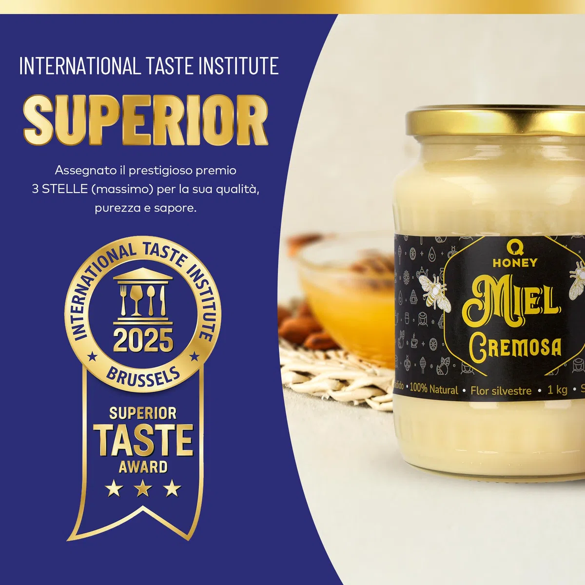 Q Honey Miele millefiori cremoso 1 kg – crudo, 100% naturale | Premiato: Superior Taste Bruxelles, London Platino 2026. Miele cremoso monorigine Lituania, crudo, senza additivi.