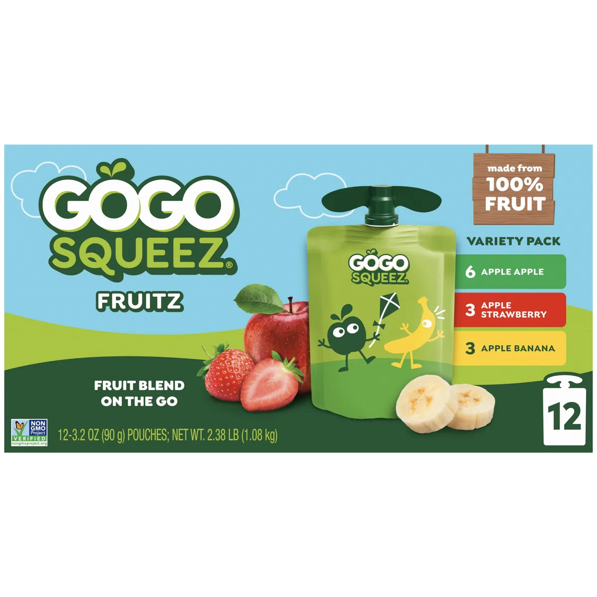 GoGo squeeZ Fruit on the Go Variety Pack, Apple, Banana & Strawberry, 3.2 oz (Pack of 12), Unsweetened Fruit Snacks for Kids, Gluten Free, Nut Free and Dairy Free, Recloseable Cap, BPA Free Pouches