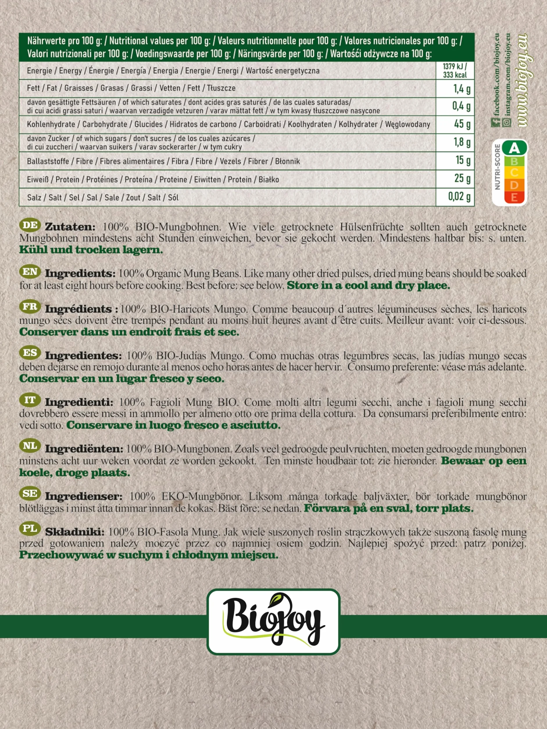 Biojoy Fagioli Mung BIO (1,5 kg), secchi e interi