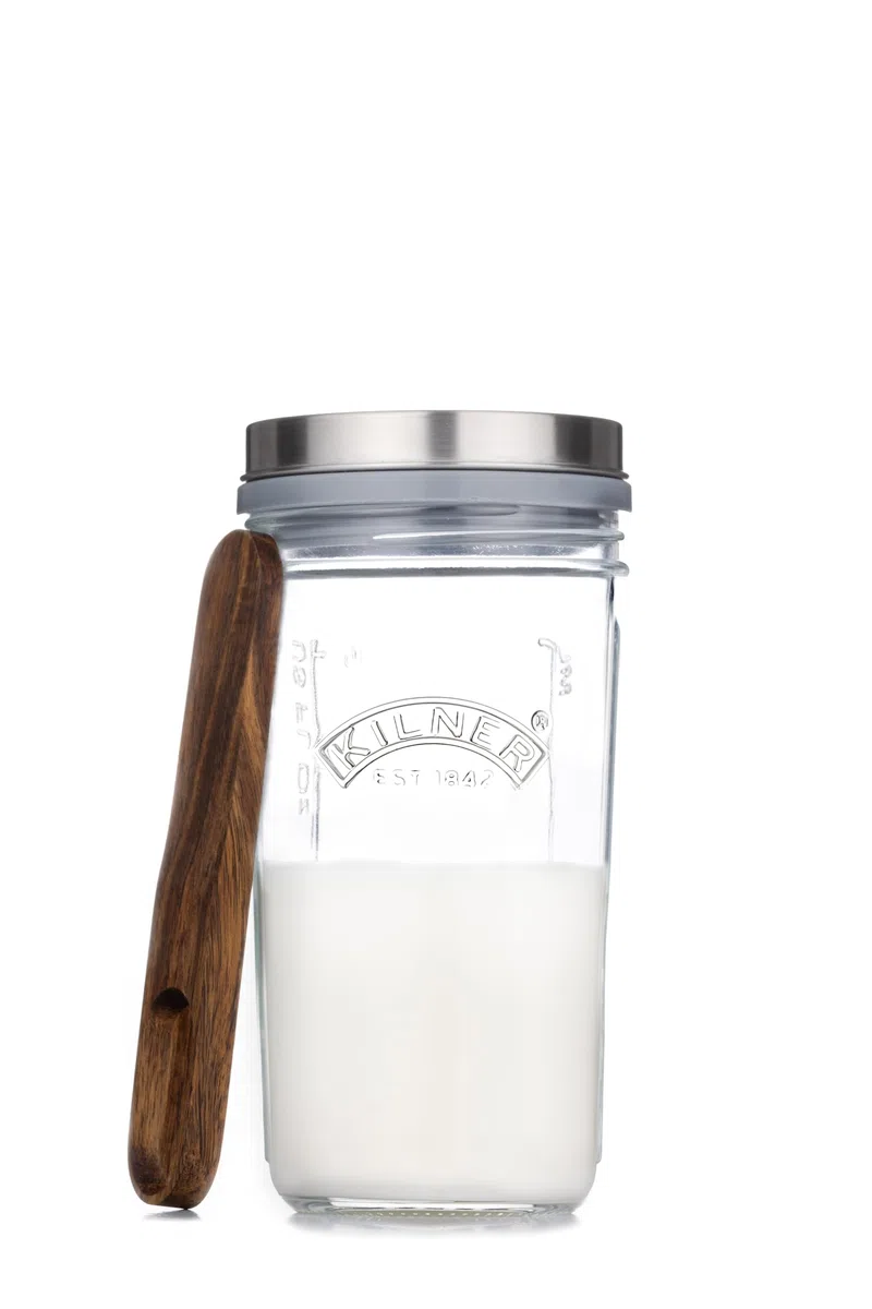 Kilner Kefir - Set di barattoli da 0,5 litri a bocca larga con tappo in silicone, cucchiaio dosatore in legno di faggio e coperchio in acciaio inox, per preparare bevande probiotiche