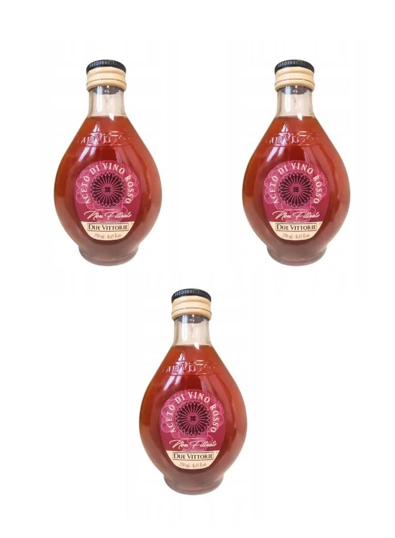 Due Vittorie Aceto di Vino Rosso Non Filtrato, 3 Bottiglie da 250ml, Fermentazione Spontanea, Naturalmente Torbido