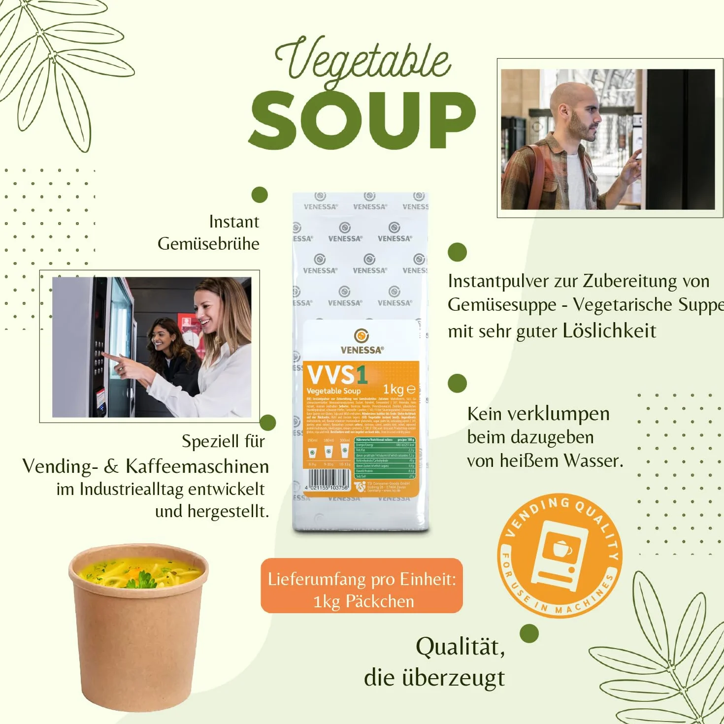 VENESSA VVS1 - Brodo vegetale fine, 2 x 1 kg, in polvere per zuppa, vegetabile, zuppa per macchina vegetariana, zuppa di verdure senza grumi, preparazione rapida, adatta per macchine automatiche