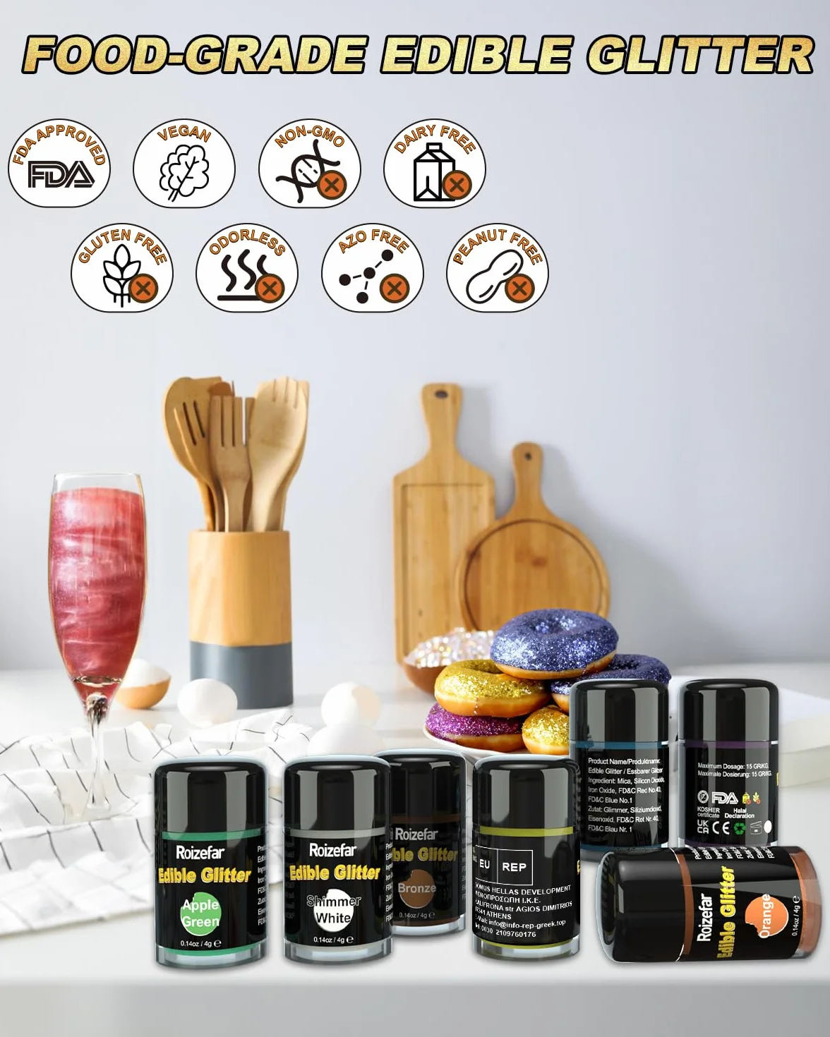 Roizefar Glitter Commestibili 12 colori x 4g Glitter in Polvere per Alimenti, Bevande in Polvere, Polveres Glitter per Alimenti, Torte, Bevande, Liquidi, Cioccolato, Panna