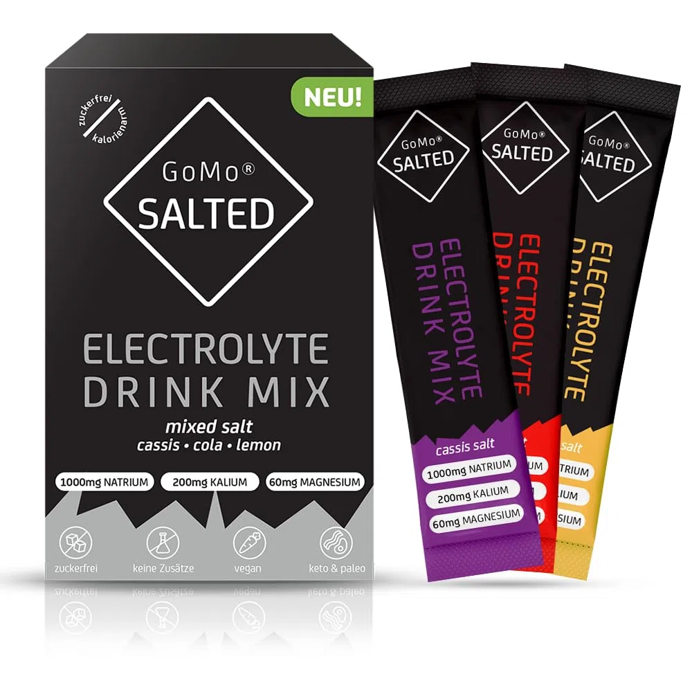 GoMo SALTED Hydration Aid | Elettroliti senza zucchero | migliore assorbimento dell'acqua e idratazione rapida | 30 porzioni singole di polvere elettrolitica con sale alpino svizzero | Gusto misto