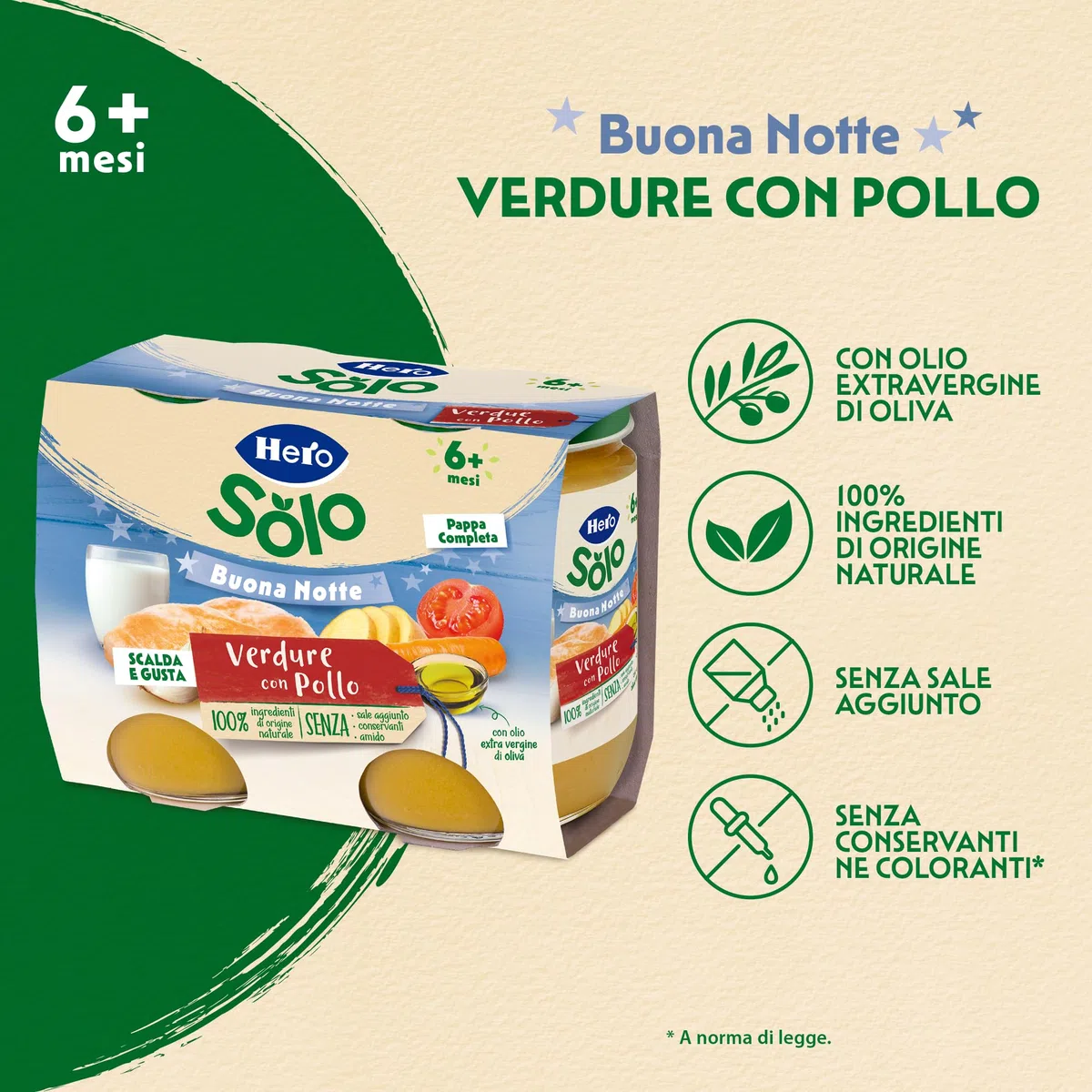 Hero Solo Pappa Completa Verdure con Pollo, Ideale per la Cena - Scalda e Gusta - con Olio Extravergine di Oliva - Per bambini dai 6 mesi - 6 x (2x190 g)
