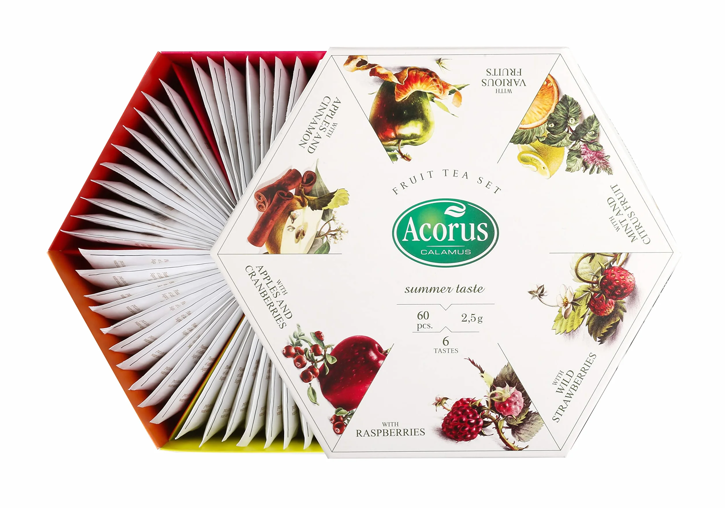 ACORUS Set di tè alla frutta al gusto estivo – Set da regalo, cestino di tè naturale assortito – Cofanetto grande con selezione di 60 bustine di tè – Campionario con 6 gusti di tè alla frutta e bacche