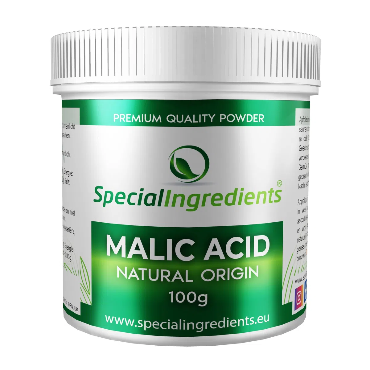 Special Ingredients Acido Malico 250 g - Regolatore di acidità per la preparazione di vino, birra e bevande alcoliche - Alta qualità - Imballaggio riciclabile