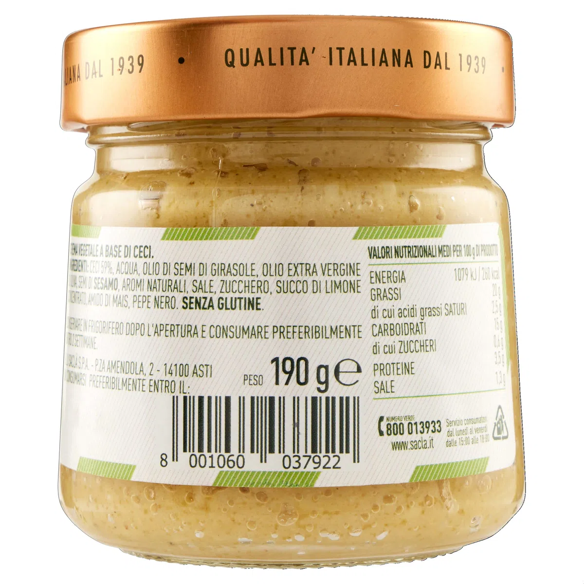 Saclà, Hummus di Ceci, Crema di Ceci e Semi di Sesamo Aromatizzata all'Olio Extra Vergine di Oliva, Vaso Vetro, 190g, Confezione da 6 Pezzi
