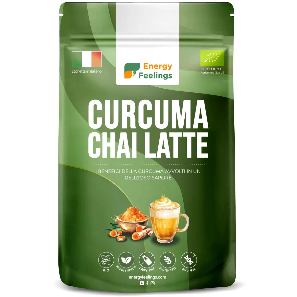 Energy Feelings Curcuma Chai Latte in Polvere BIO 500g,Golden Milk, Latte Dorato. Antiossidante e Antinfiammatorio Naturale. Curcuma con Zenzero Pepe Nero e Cannella, Senza Glutine, Vegano