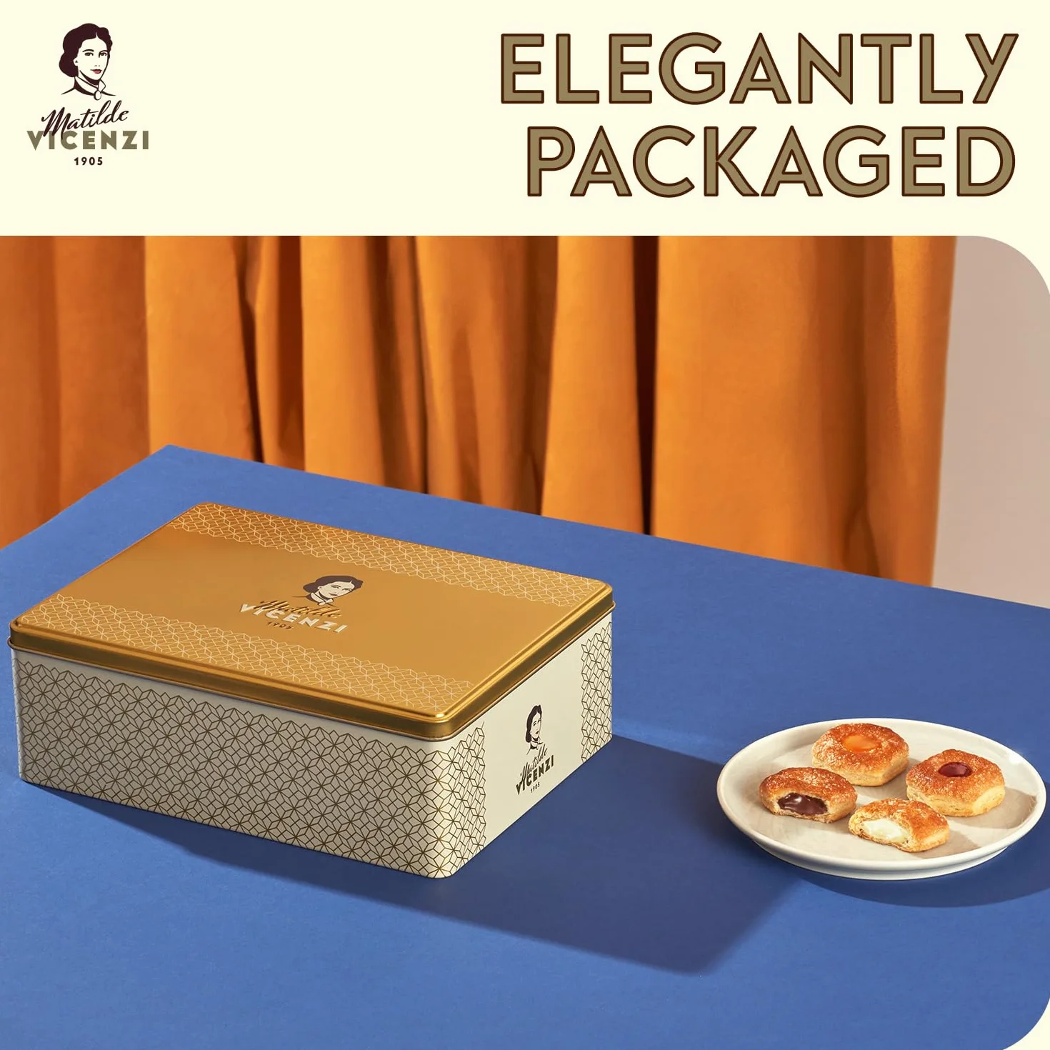 Matilde Vicenzi - Millefoglie di Matilde, Selezione di Raffinata Pasticceria di Sfoglia, Bocconcini e Ciambelline miste in una Elegante Scatola di Latta per un Regalo Goloso, Confezione da 375 gr