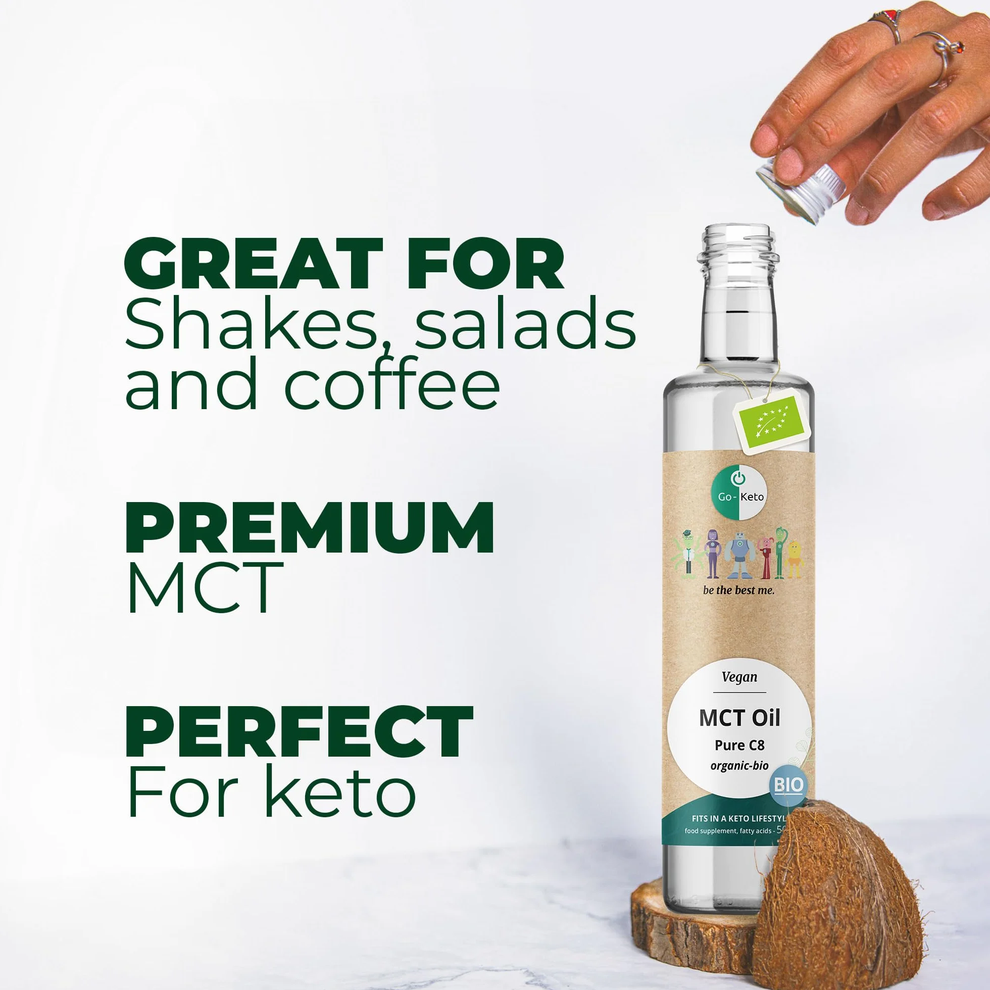 Go-Keto BIO MCT Oil C8, 500ml | Olio MCT C8, 100% olio di cocco biologico, senza olio di palma | perfetto per dieta chetogenica | crema di caffè cheto per caffè o frullato cheto | Paleo, vegano