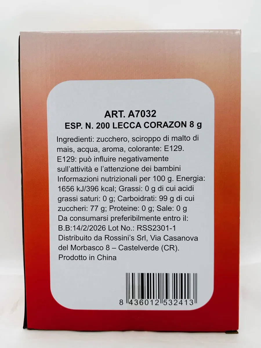 Lecca Love Cuore Rosso gusto Ciliegia. Confezione da 200pz x 8gr Rossini's. Ideale per Feste di Compleanno, Caramellate, Festa degli Innamorati, San Valentino