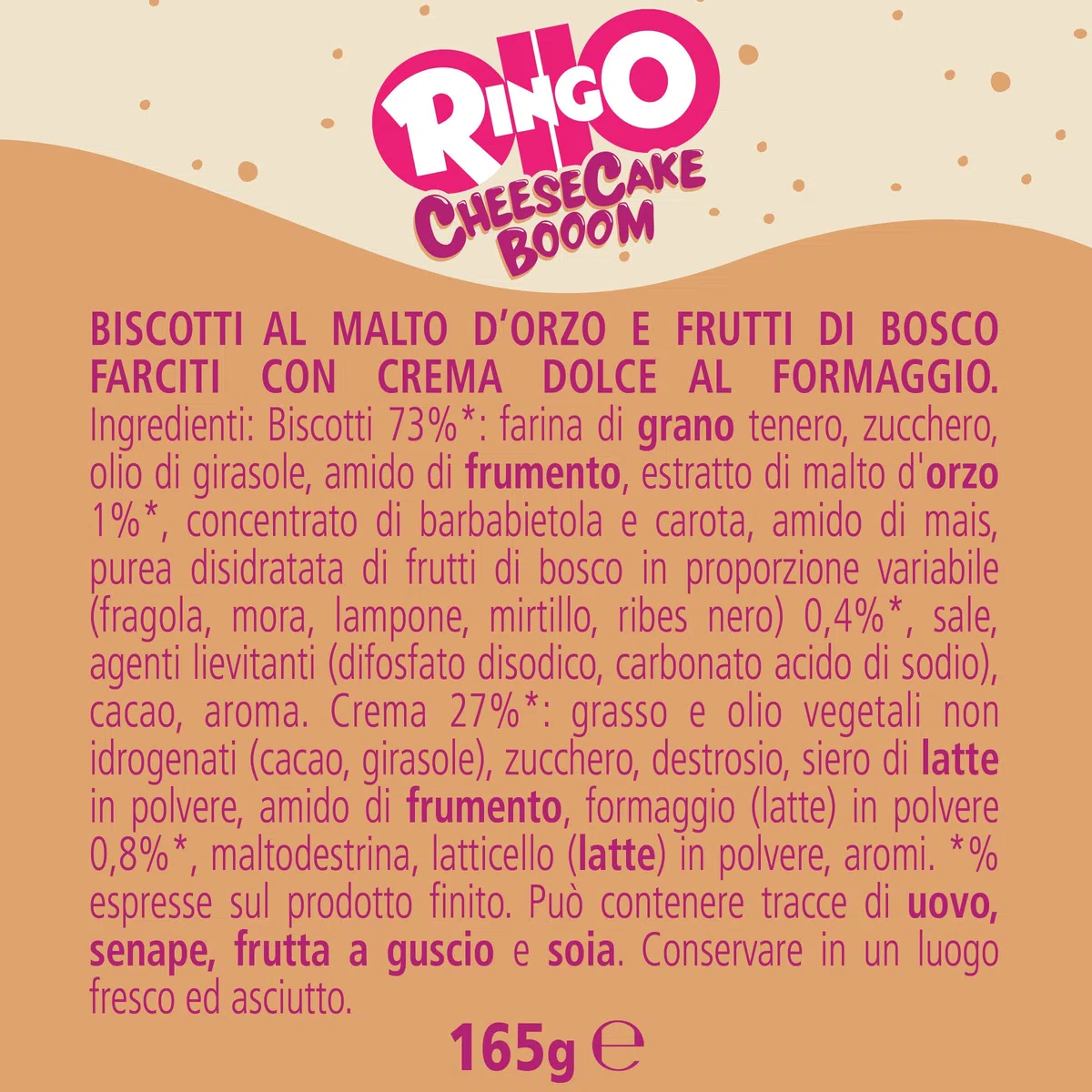 Pavesi Snack Ringo Cheesecake Booom, Biscotti Farciti con Crema Dolce al Formaggio e Biscotti ai Frutti di Bosco e Malto d'Orzo, Snack per Merenda o Pausa Studio, 165g