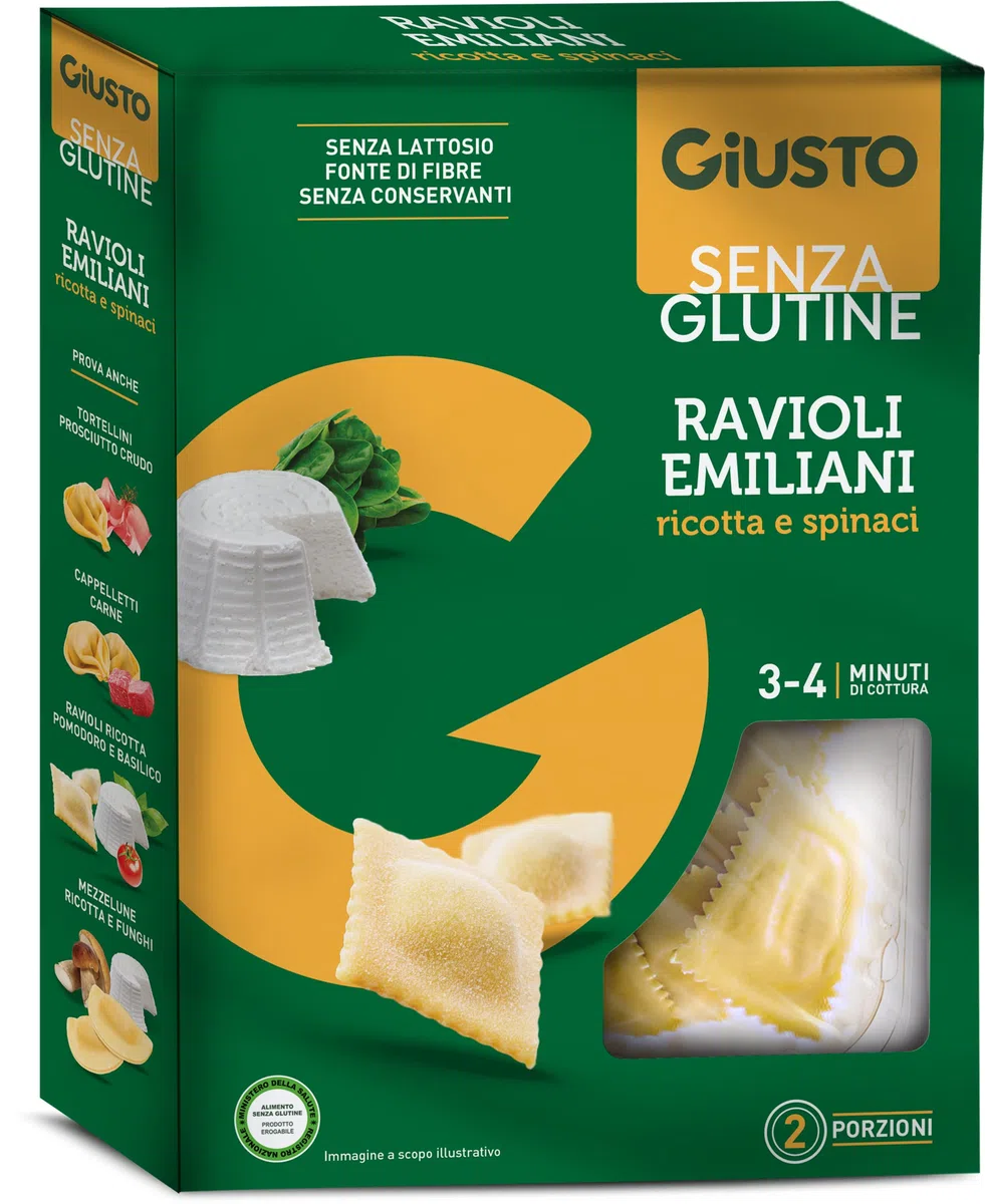 Giusto Ravioli Ricotta e Spinaci Senza Glutine, Pasta all'Uovo con Ripieno, 250 g