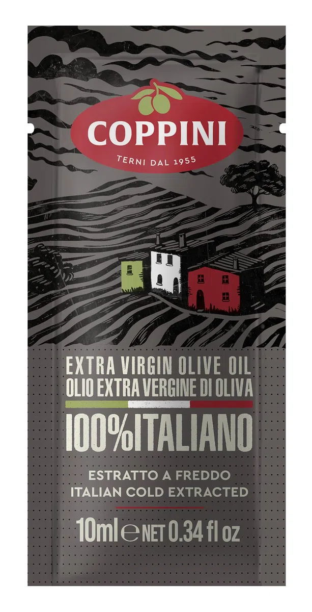 Olio extra vergine di oliva Coppini 100% Italiano estratto a freddo in bustine monodose 10 ML - 1 dispenser x 100 bustine