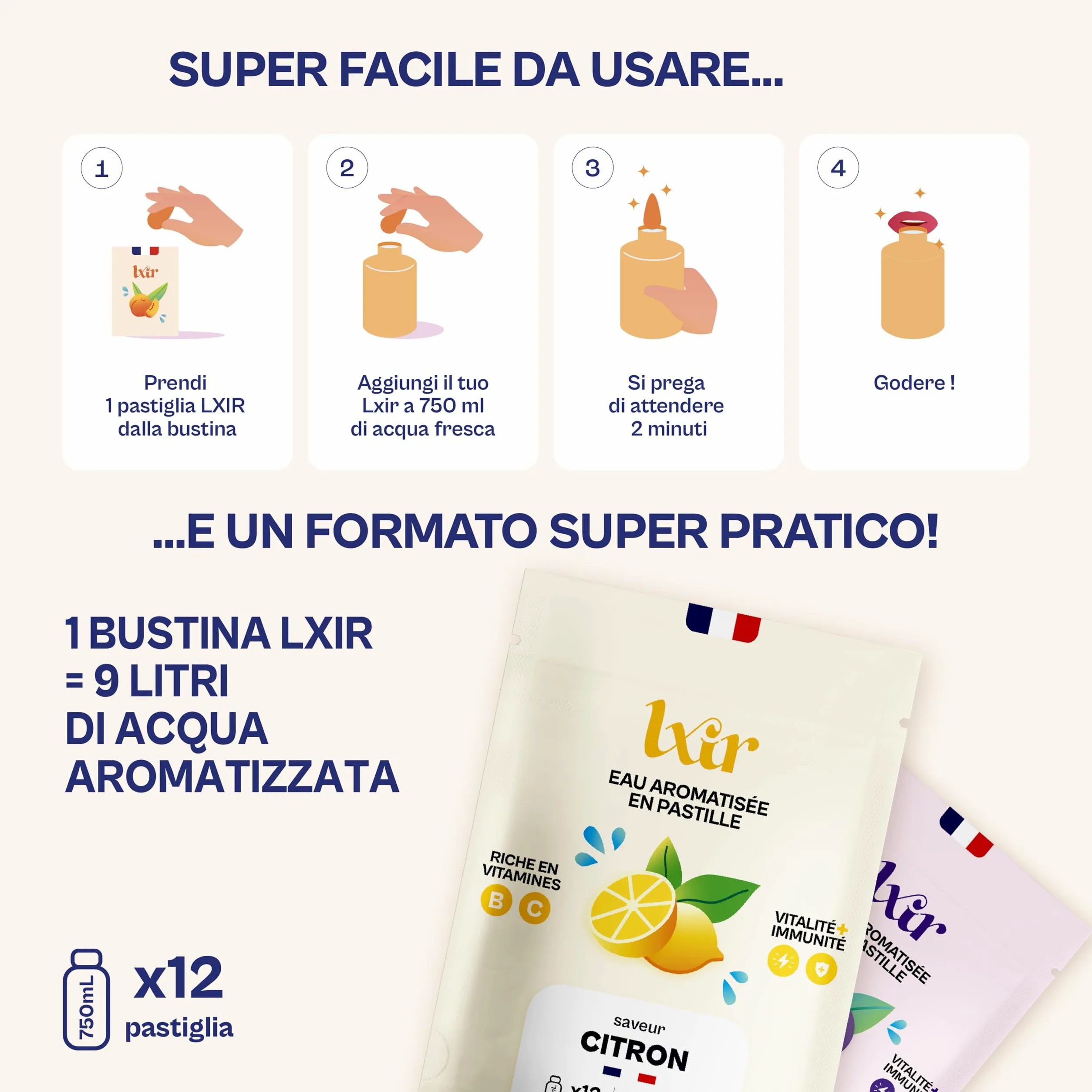 LXIR DRINK – Pastiglia aromatizzata senza zucchero – Bevanda multivitaminica – Ricca di vitamine C e B – Idratazione quotidiana – Bellezza della pelle (Limone x3)