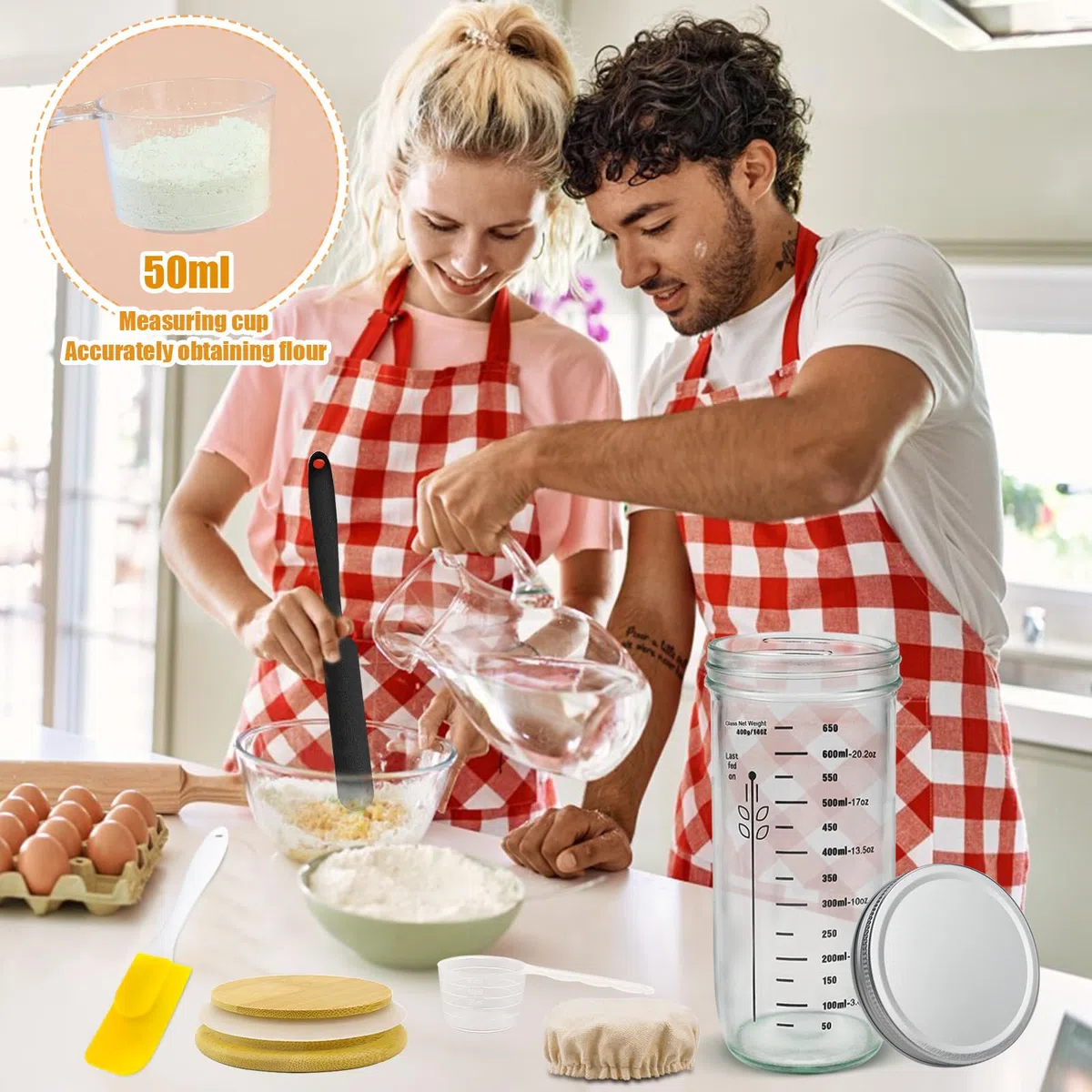 Raxfekro Set di base per lievito naturale, con tappo in alluminio, elastico, carta termometro, spatola in silicone, cappello di stoffa, etichetta per la cottura del pane lievitato naturale