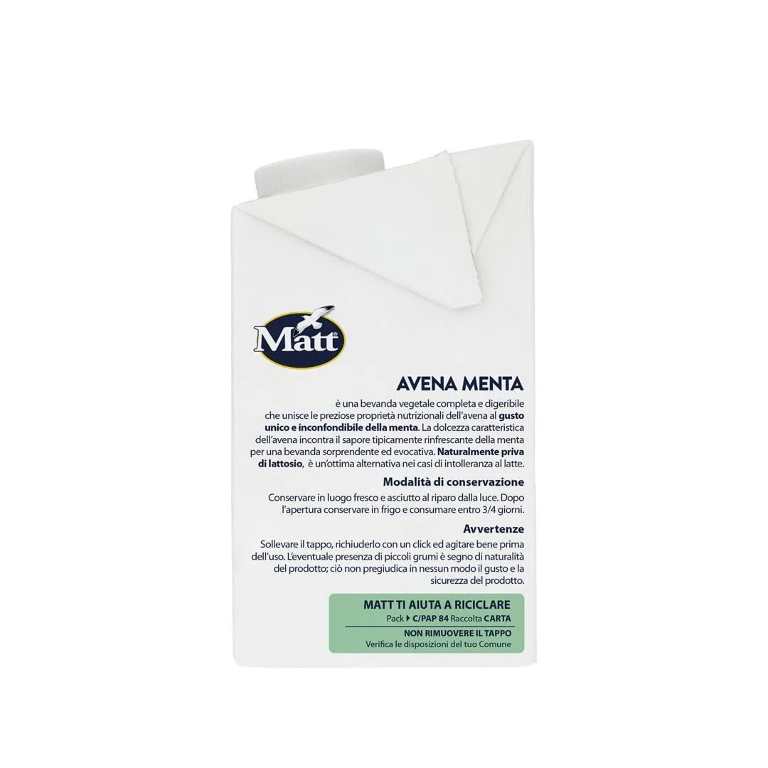 Matt, Avena Menta, Bevanda Vegetale, Latte Avena con Estratto Naturale di Menta, Senza Lattosio, a Basso Contenuto di Grassi e di Sale, Ideale per Tutta la Famiglia, 500 ml