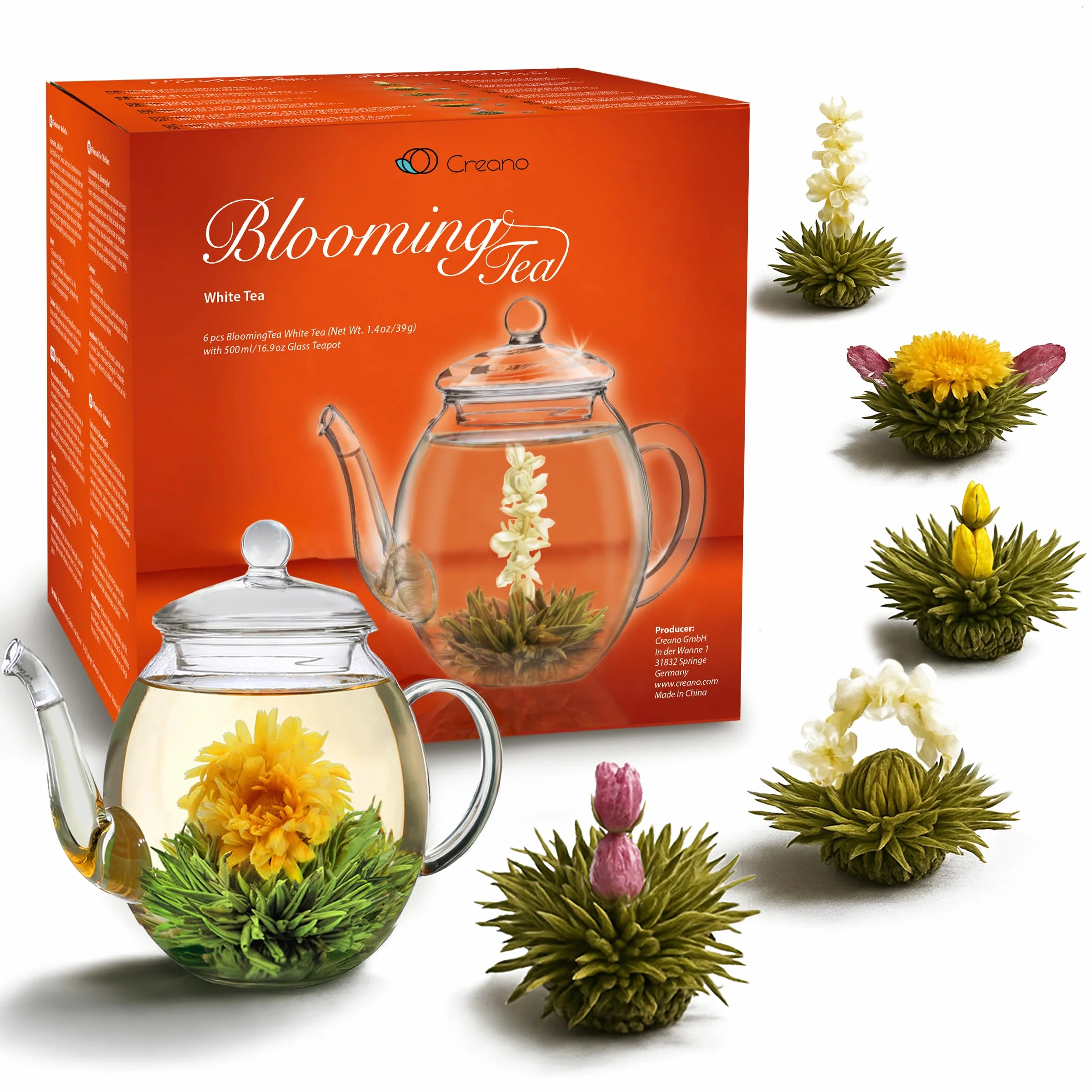 Set regalo di fiori di tè con teiera di vetro da 500 ml e tè bianco 6x - regalo per Natale 1 set regalo 7 pezzi (confezione da 1)