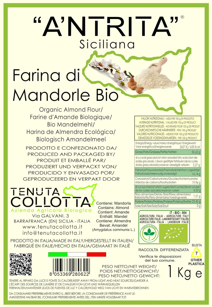 A'Ntrita® - Farina di Mandorle Bio 1 Kg - 100% Italiano - Prodotto in Sicilia