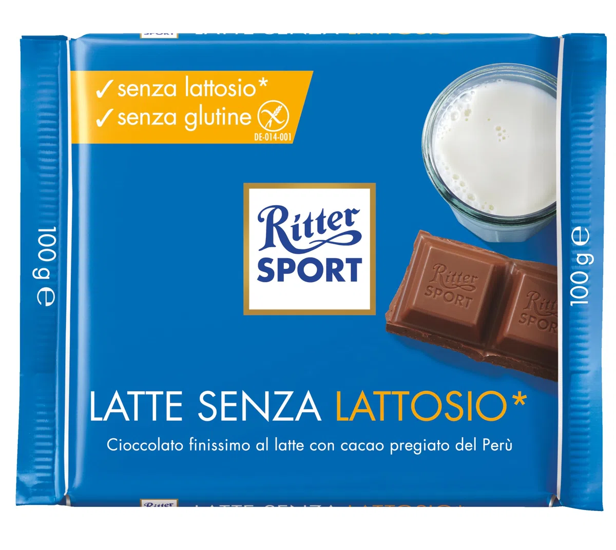 RITTER SPORT Latte Senza Lattosio, Tavoletta di Cioccolato al Latte Senza Lattosio, Cacao 100% Certificato Sostenibile, Senza Glutine, 12 Pezzi da 100 g