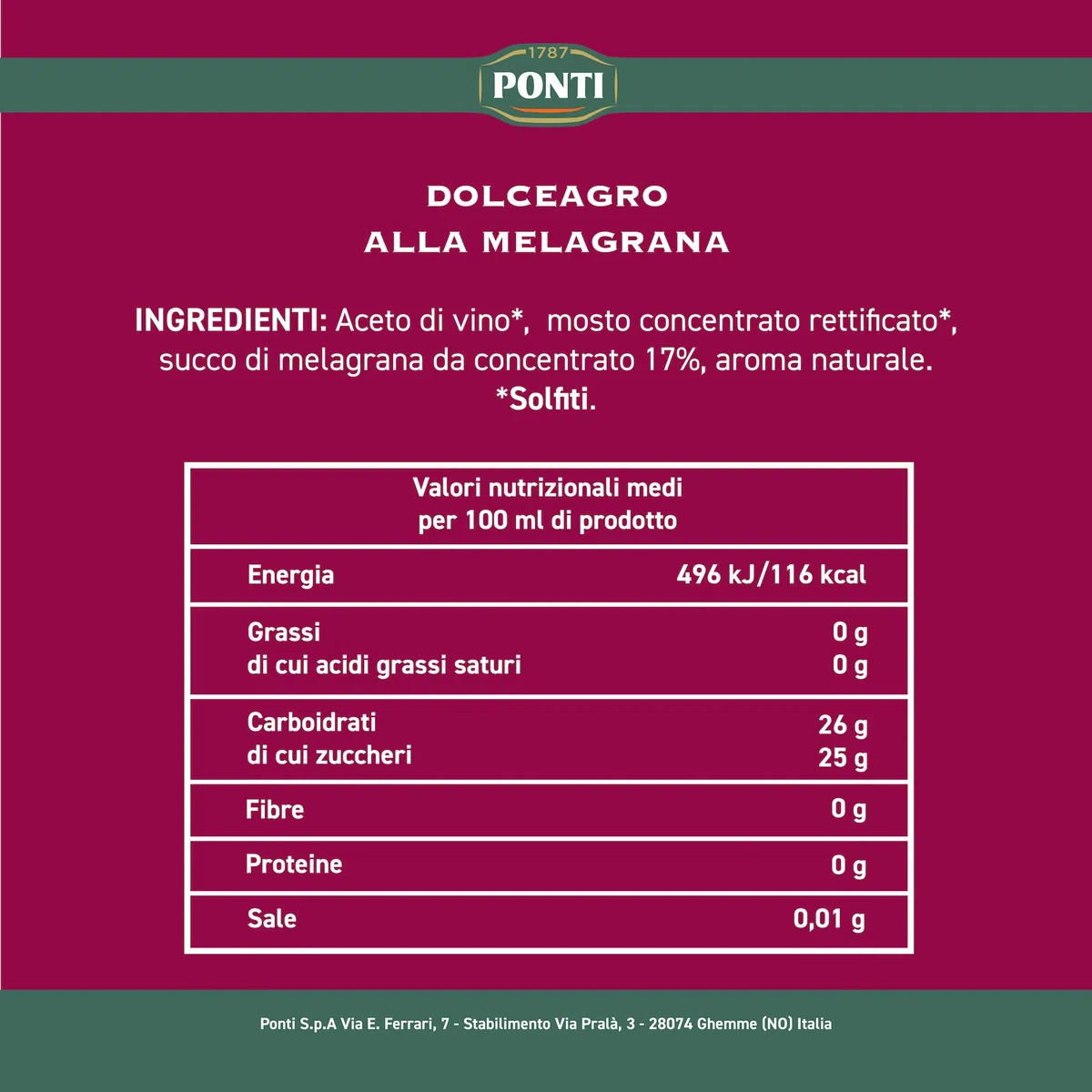 Ponti, DolceAgro alla Melagrana, Gusto Tipico e Amabile, dal Profumo Orientale e dalla Bassa Acidità, Ideale per Insalate e anche per le Carni Bianche, 100% Made in Italy, 6 Bottiglie da 500 ml