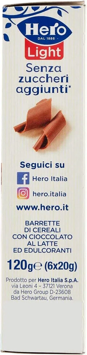 Hero Light Barretta ai Cereali con Cioccolato a Latte Senza Zuccheri Aggiunti 120g
