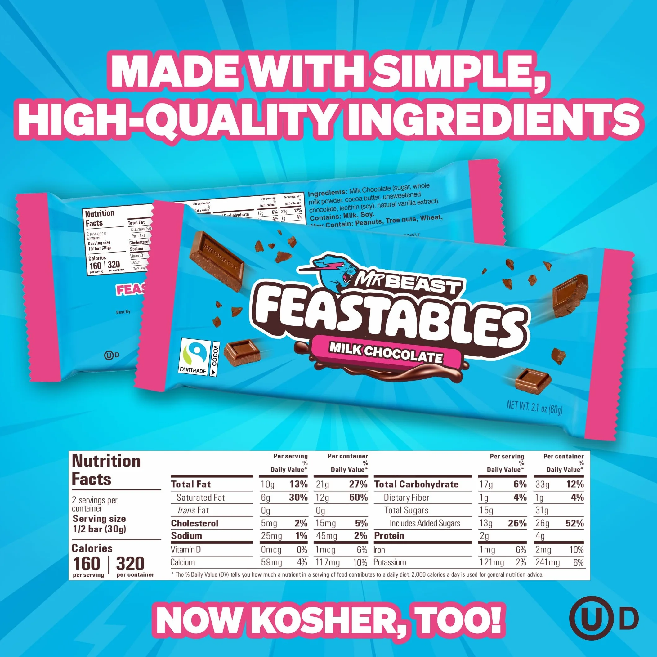 Feastables MrBeast Chocolate Bars/Barrette di cioccolato (10 x 60 g) - Il regalo di cioccolato per la vera bestia. (Milk Chocolate)