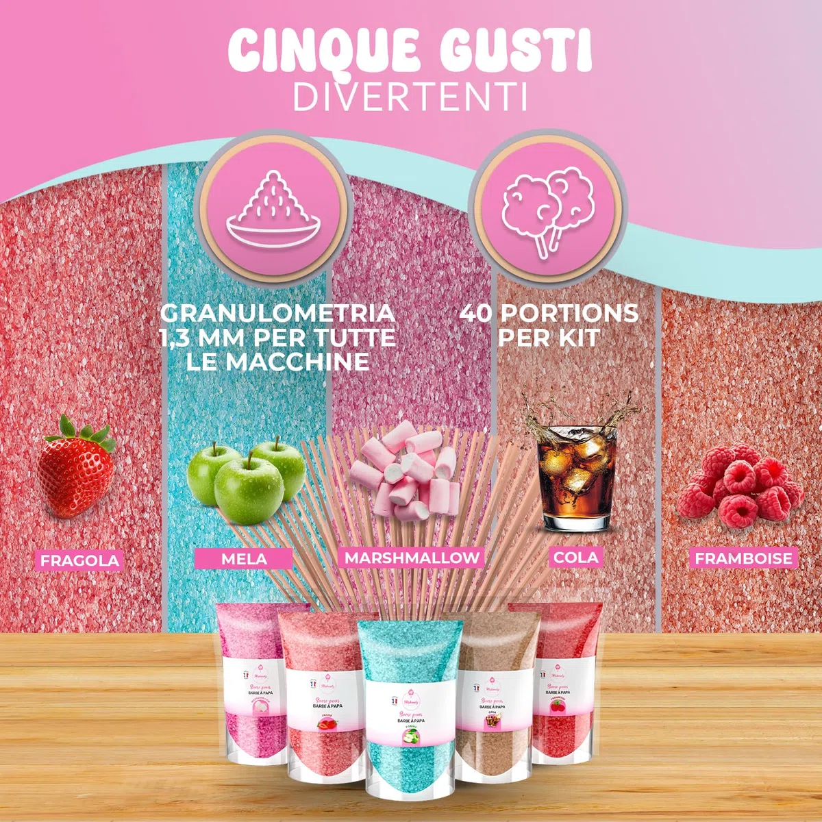 Misskandy® Zucchero per Zucchero Filato (5x160 gr) - Set di 5 Gusti (Fragola/Cola/Mela/Marshmallow/Lampone) - Aromi e Colori Naturali - 20 Bastoncini - MADE IN FRANCE