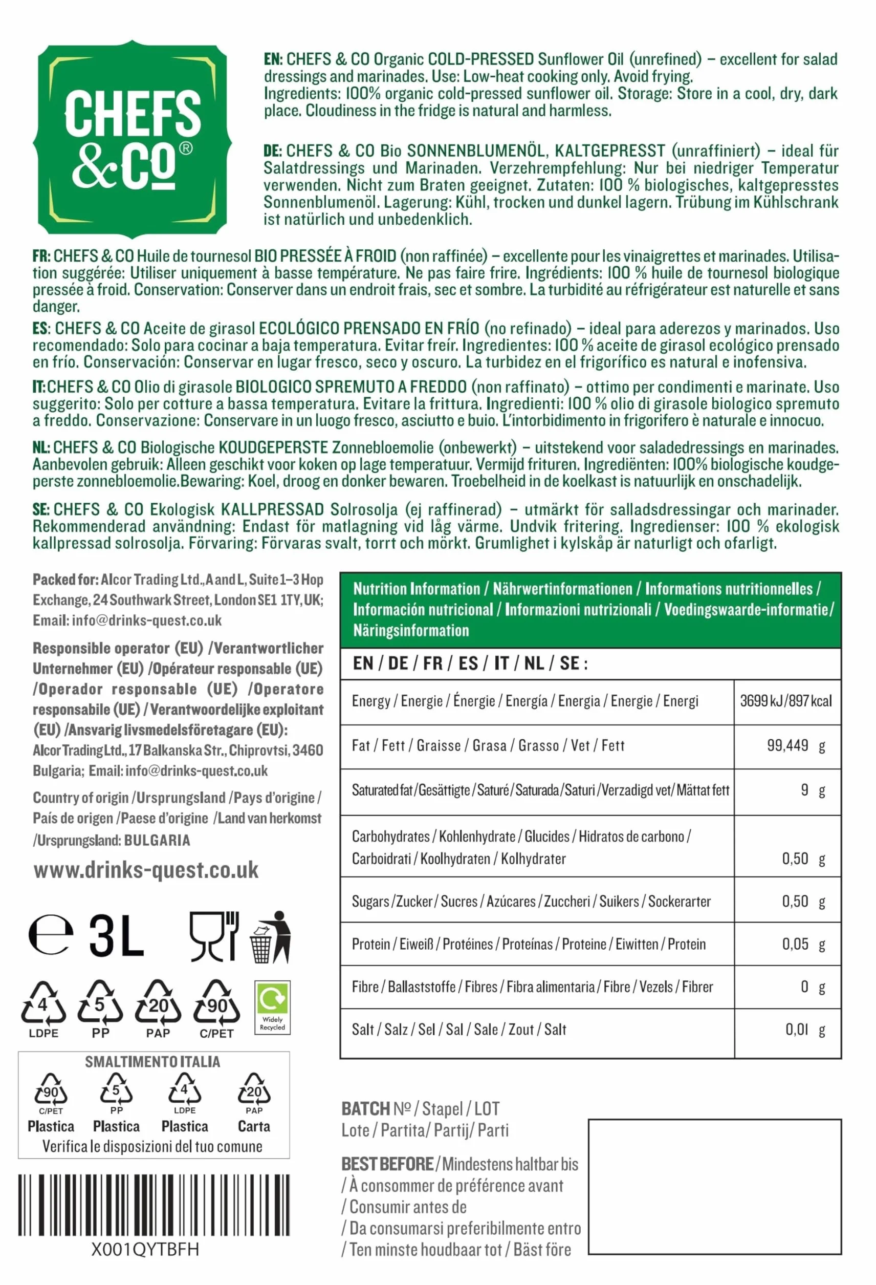 CHEFS & CO Olio di Girasole Biologico SPREMUTO A FREDDO | Non Raffinato | Qualità Premium | Olio Vegetale (3L (Confezione da 1))