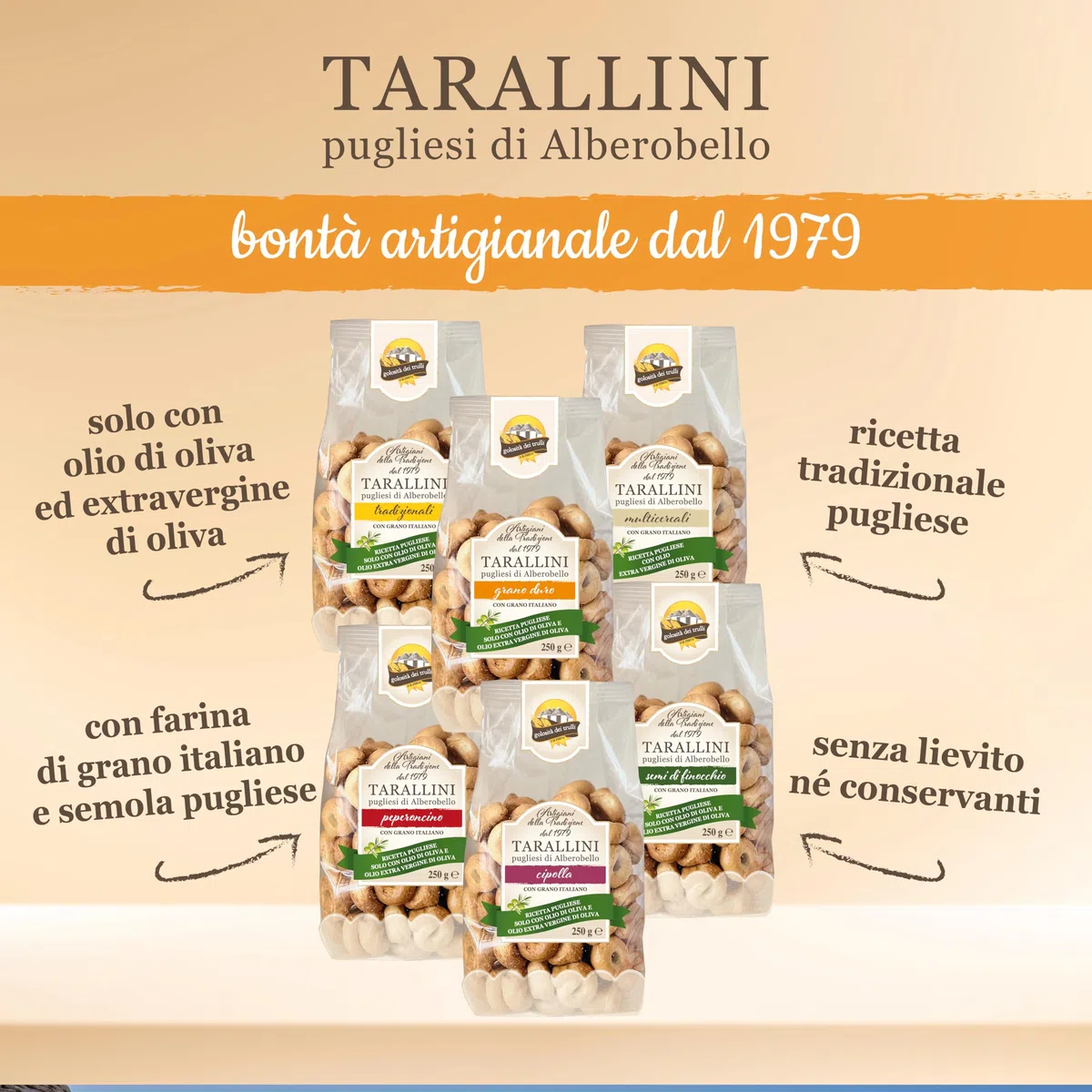 Golosità dei Trulli | Taralli Pugliesi con Olio Extravergine di Oliva, 6 Confezioni da 250 gr | Tarallini per Aperitivo, Snack Salati | Gusti Assortiti