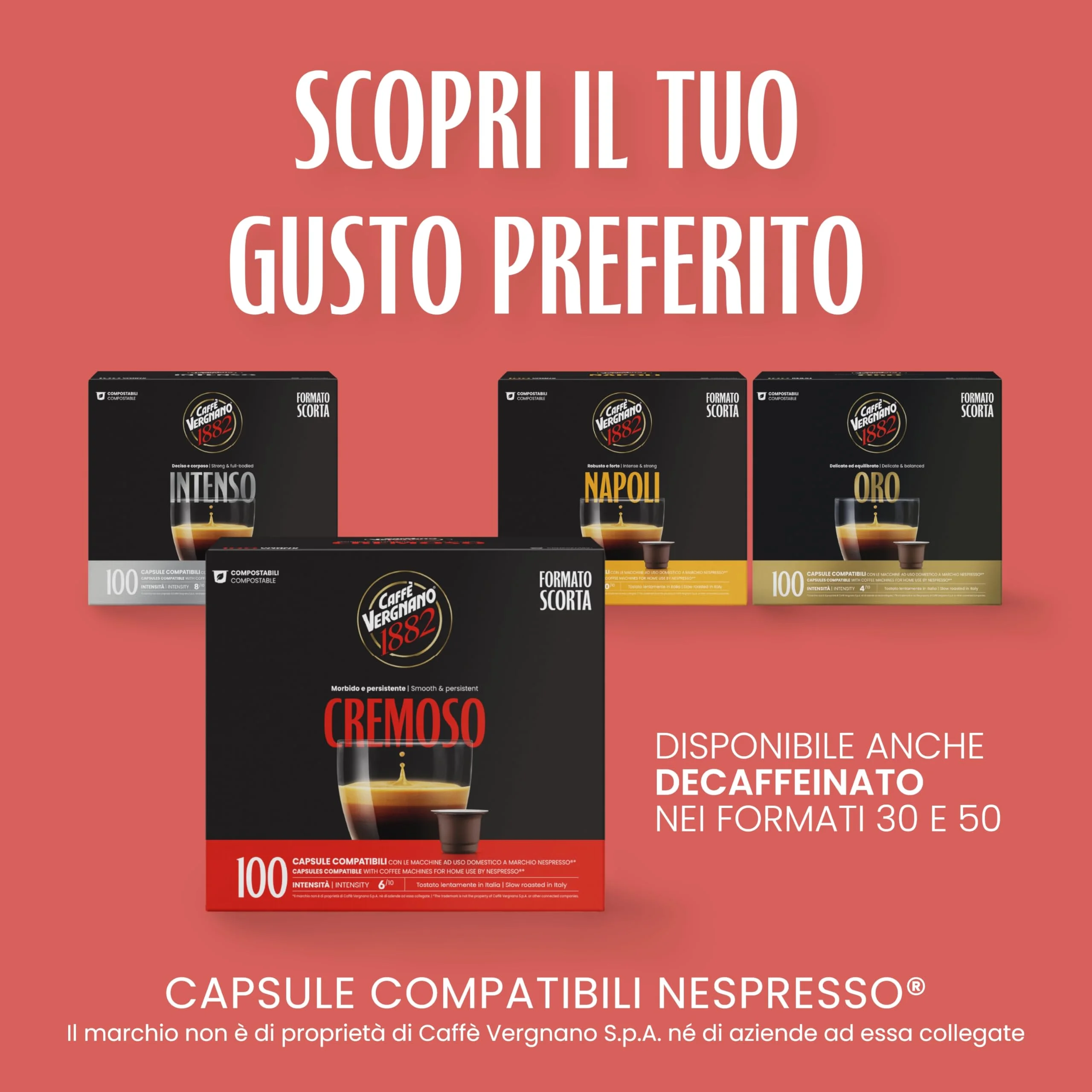 Caffè Vergnano 1882 - 100 Capsule - Caffè Compostabili e Compatibili con Nespresso, Cremoso - Pack da 100 capsule