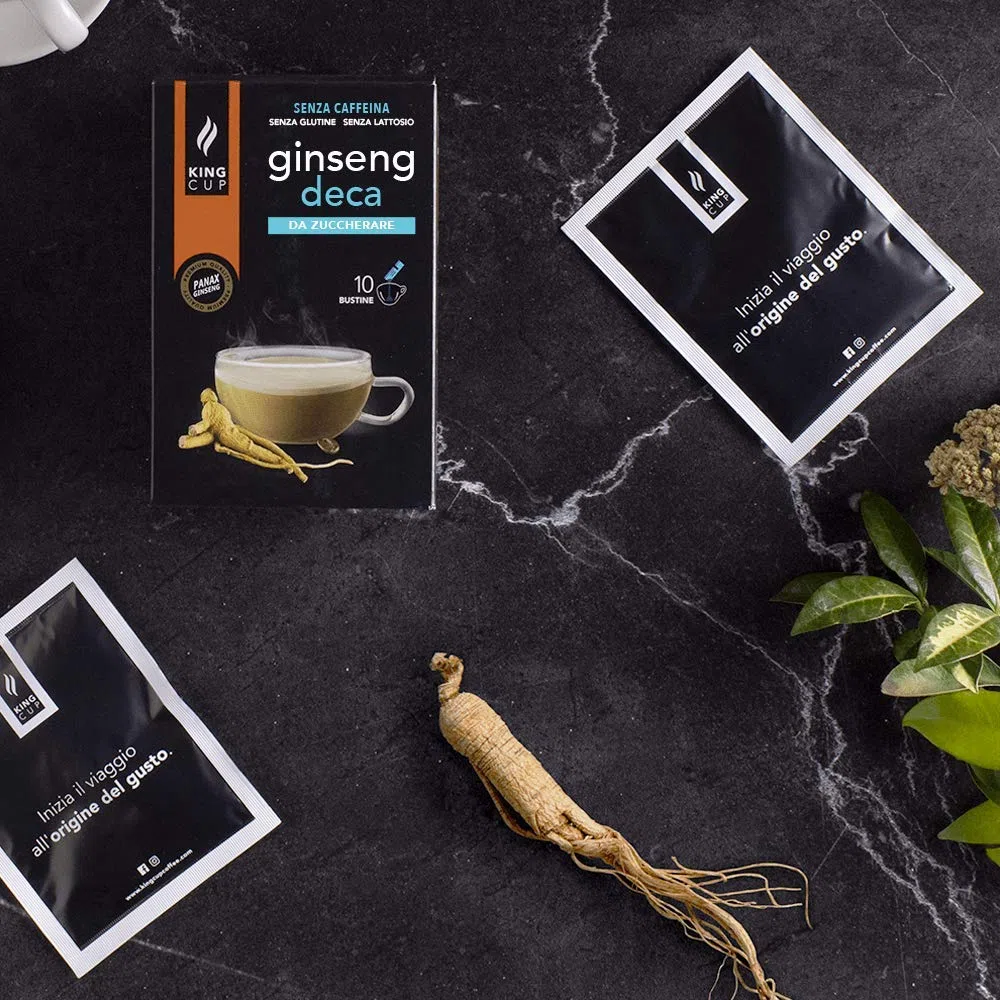 King Cup - 5 Confezioni da 10 Bustine Solubili di Ginseng Deca da Zuccherare, 50 Stick da 6 Gr di Ginseng Decaffeinato da Aggiungere a 60 Ml di Acqua Calda, Senza Glutine e Senza Lattosio
