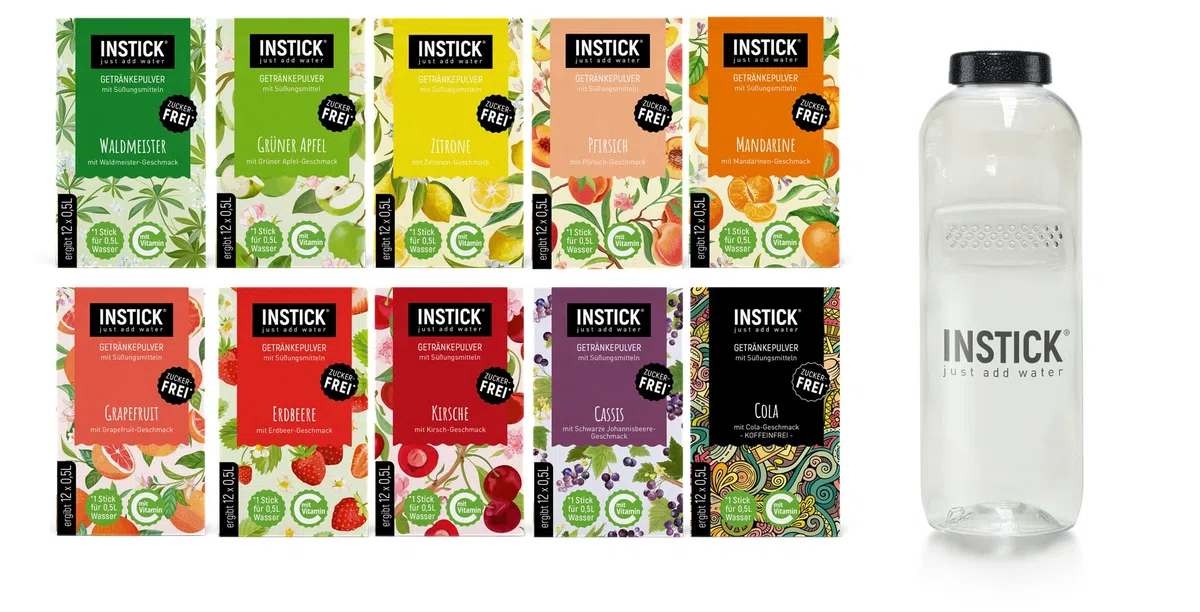 INSTICK Bevanda istantanea senza zucchero (Bundle S Classico + Borraccia Tritan 1L) 10x12 stick – per 0,5–1 l – Vegana, con vitamina C, a basso contenuto calorico