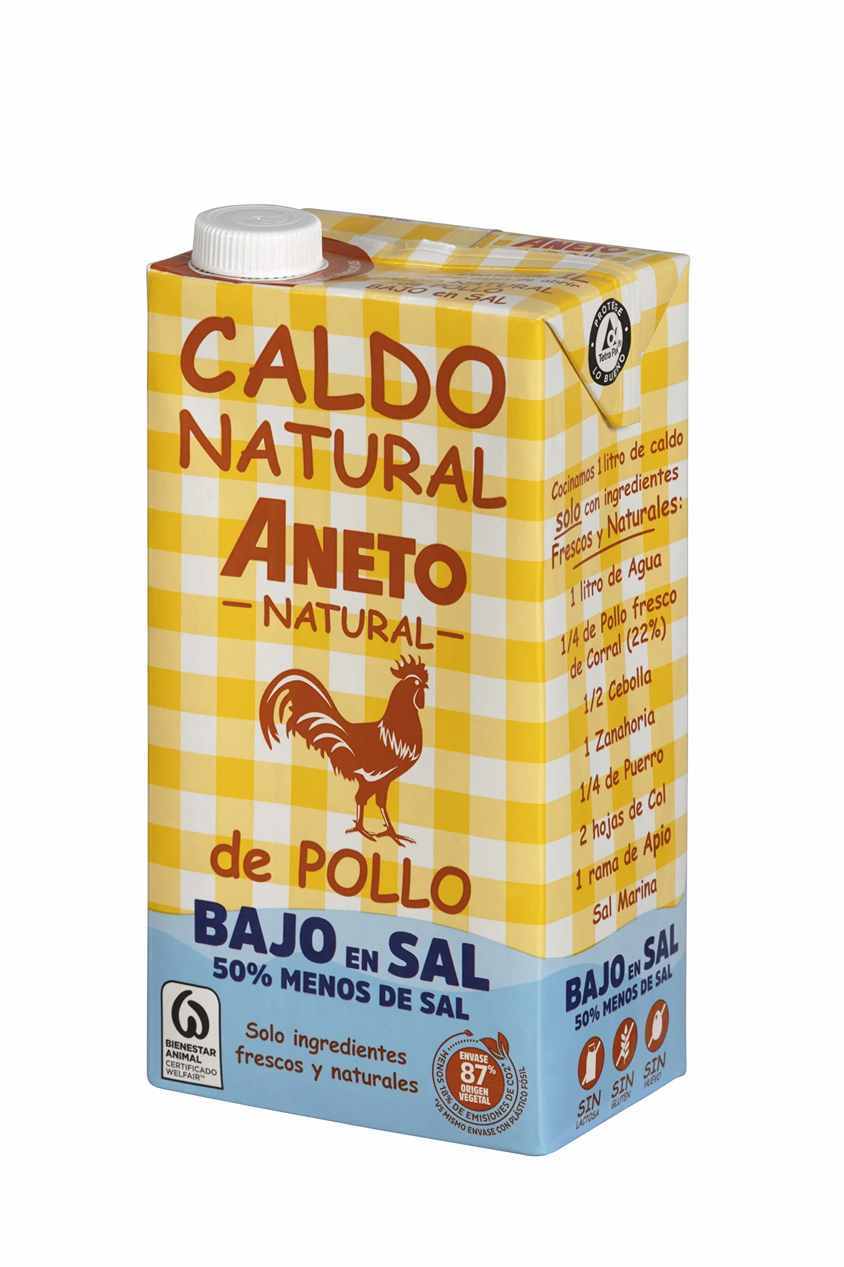 Aneto 100% Naturale - Brodo di pollo a basso contenuto di sale - scatola da 6 unità da 1L