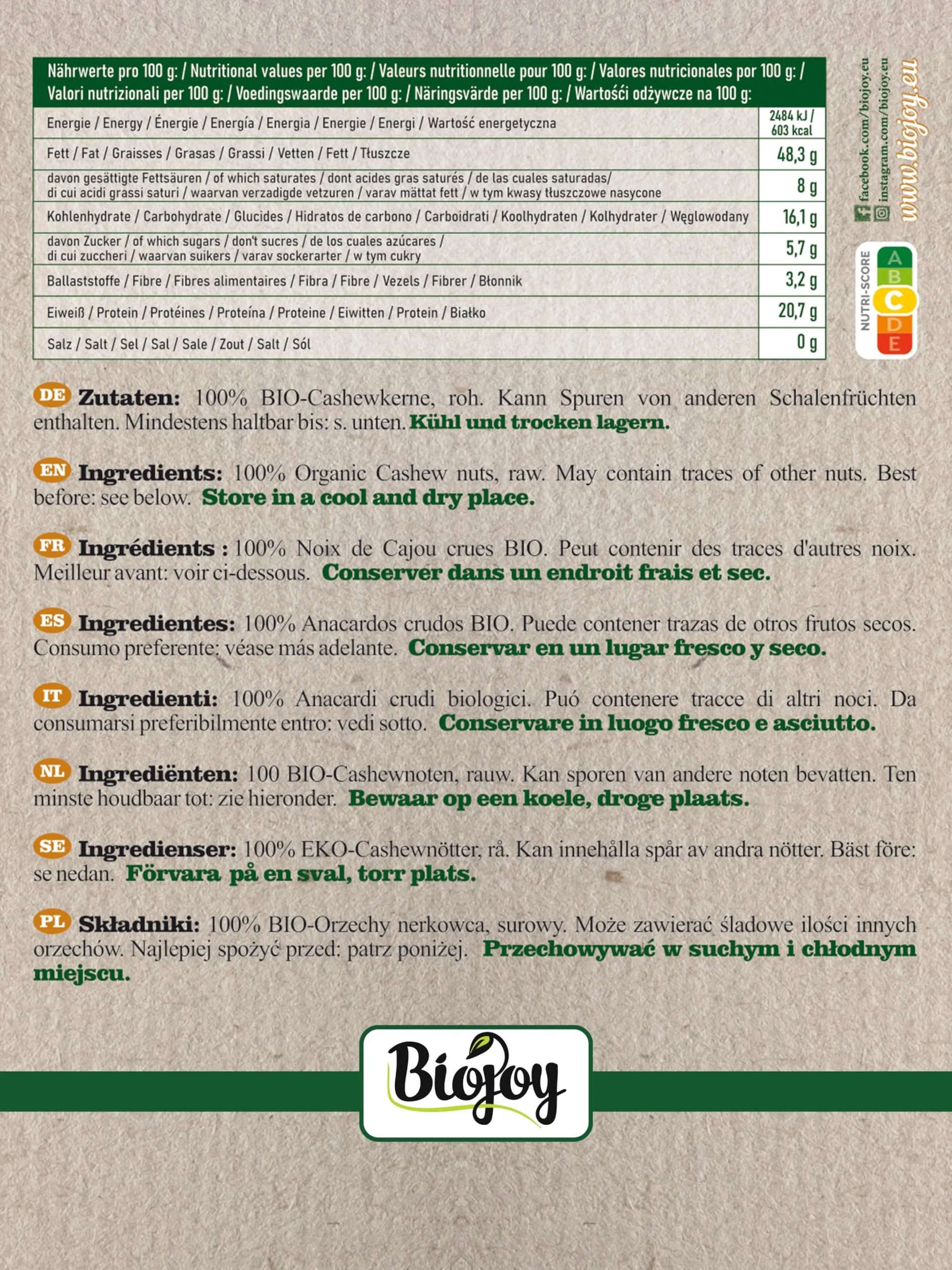 Biojoy Anacardi crudi BIO (1 kg), non salati e naturali (Anacardium occidentale)