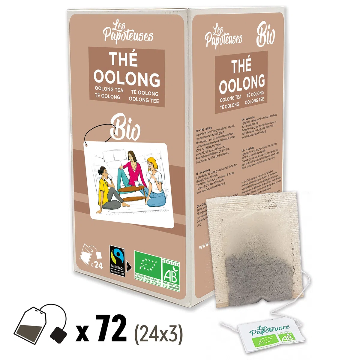 Les Papoteuses | Tè Oolong biologico dalla Cina | 72 Borse | Certificato biologico e del commercio equo e solidale | Set di 3 scatole da 24 bustine di foglie di tè Oolong