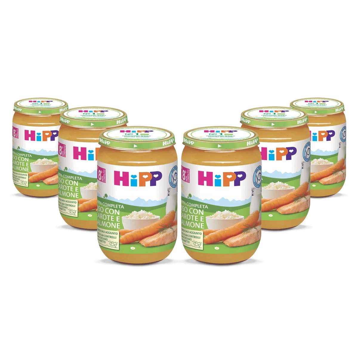 HiPP - Pappa Pronta Completa Bio, Riso con Carote e Salmone, 6 Confezioni da 220 g