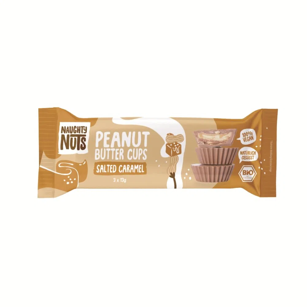 Naughty Nuts BIO Cuppette di Burro di Arachidi, Caramello Salato - Vegana, senza Olio di Palma e con il 44% di Zucchero Raffinato in Meno - 12 x 39 g