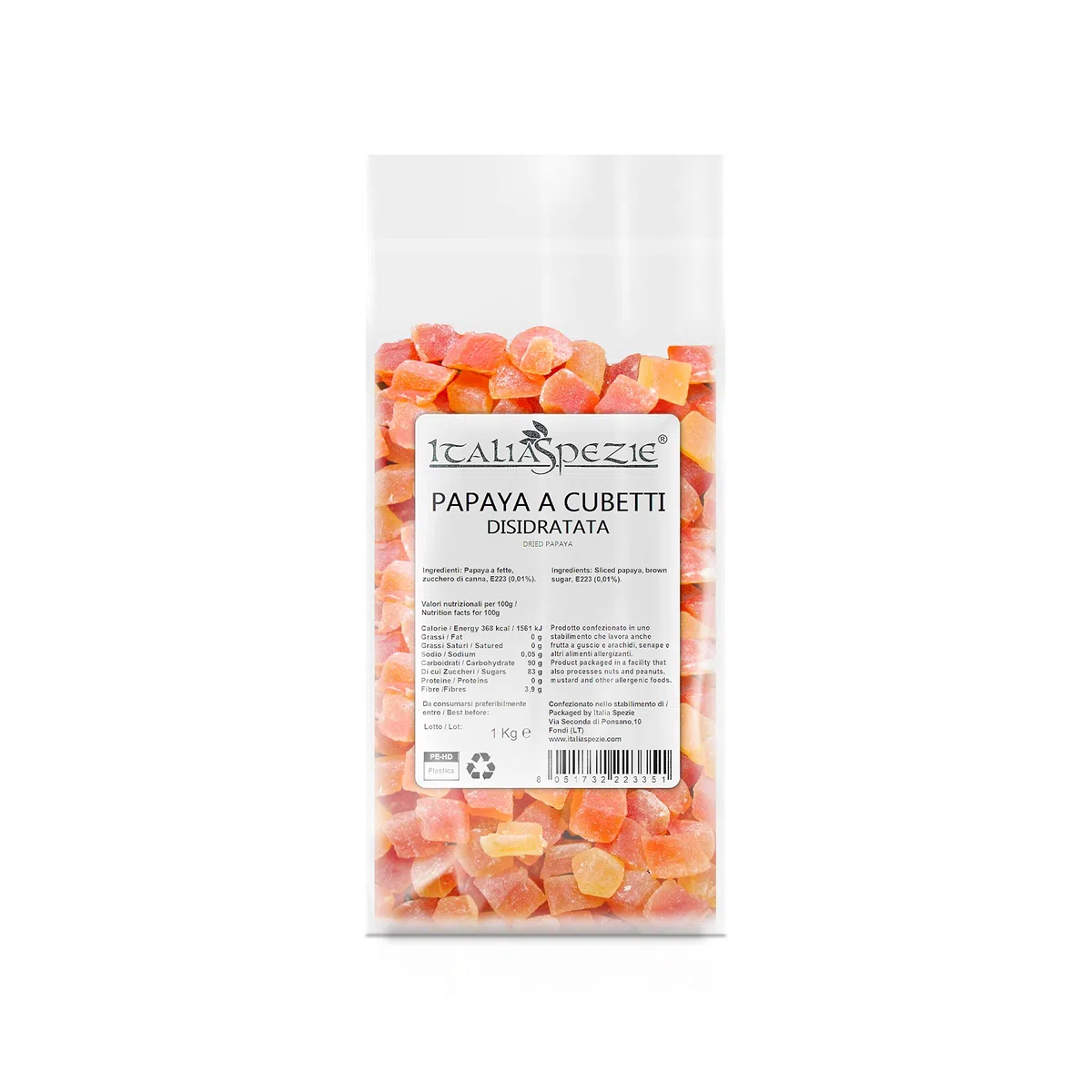 ITALIA SPEZIE - Papaya disidratata a cubetti, Papaya Disidratata, Frutta Essiccata, Frutta Esotica Disidratata, Snack Sano