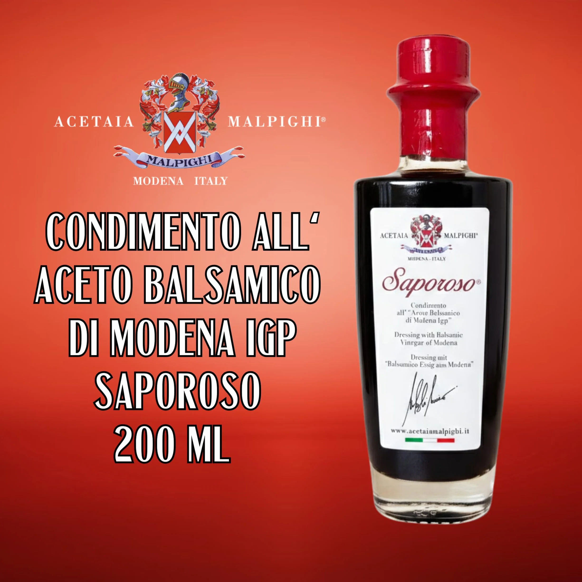 Acetaia Malpighi – Condimento all’Aceto Balsamico di Modena IGP Saporoso – 200 ml – Affinato 6 Anni in Botti di Rovere – Senza Caramello