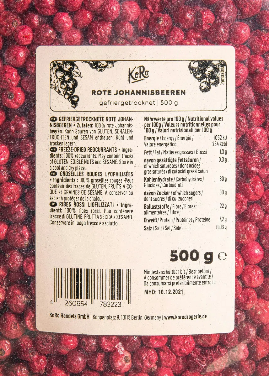 KoRo - Ribes rossi liofilizzati 500 g - sul porridge, lo yogurt oppure come snack - confezione convenienza
