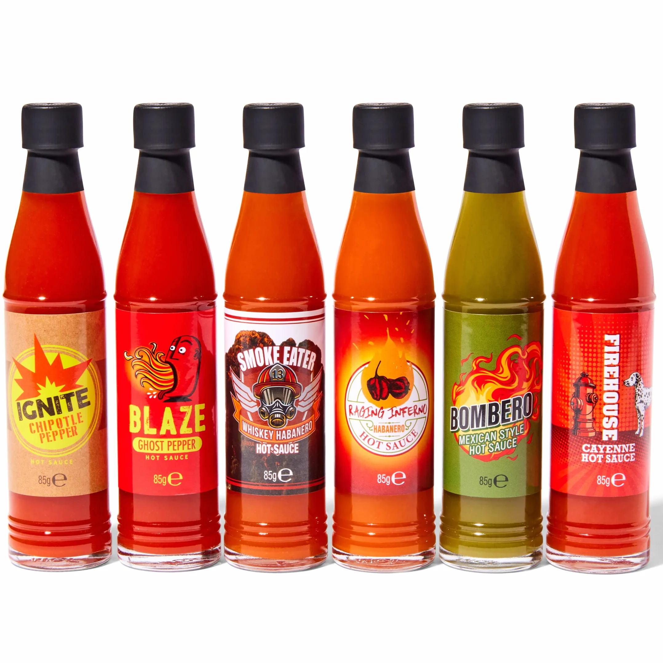 Thoughtfully Gourmet – Set 6 Salse Piccanti Camion dei Pompieri – Ghost Pepper, Chipotle, Habanero & Altro – Regalo Originale per Uomo – Compleanno & Festa del Papà – 6 x 85 g