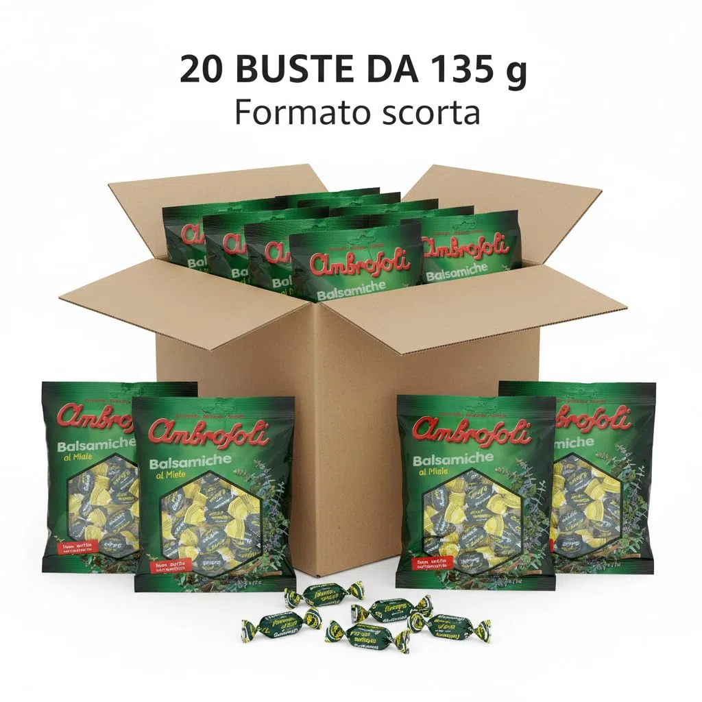 Ambrosoli Caramelle Balsamiche al Miele – Cartone Convenienza 20 Buste da 135 g – Caramelle Balsamiche Rinfrescanti con Miele – Ideali per Ufficio e Casa