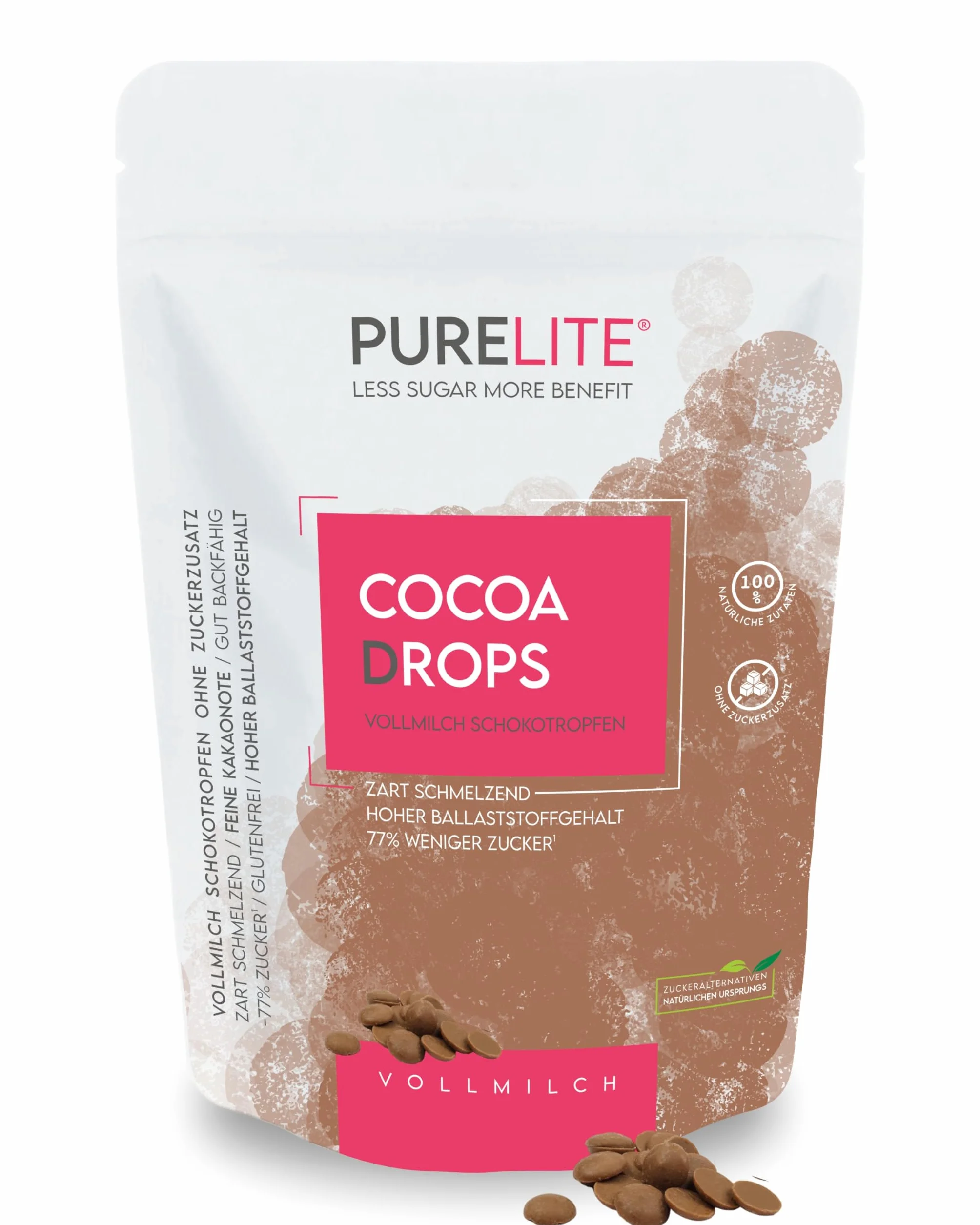 PURELITE Cocoa Drops cioccolato 450g, gocce di cioccolato al latte intero senza zuccheri aggiunti, eritritolo e stevia senza retrogusto, con il 77% di calorie in meno